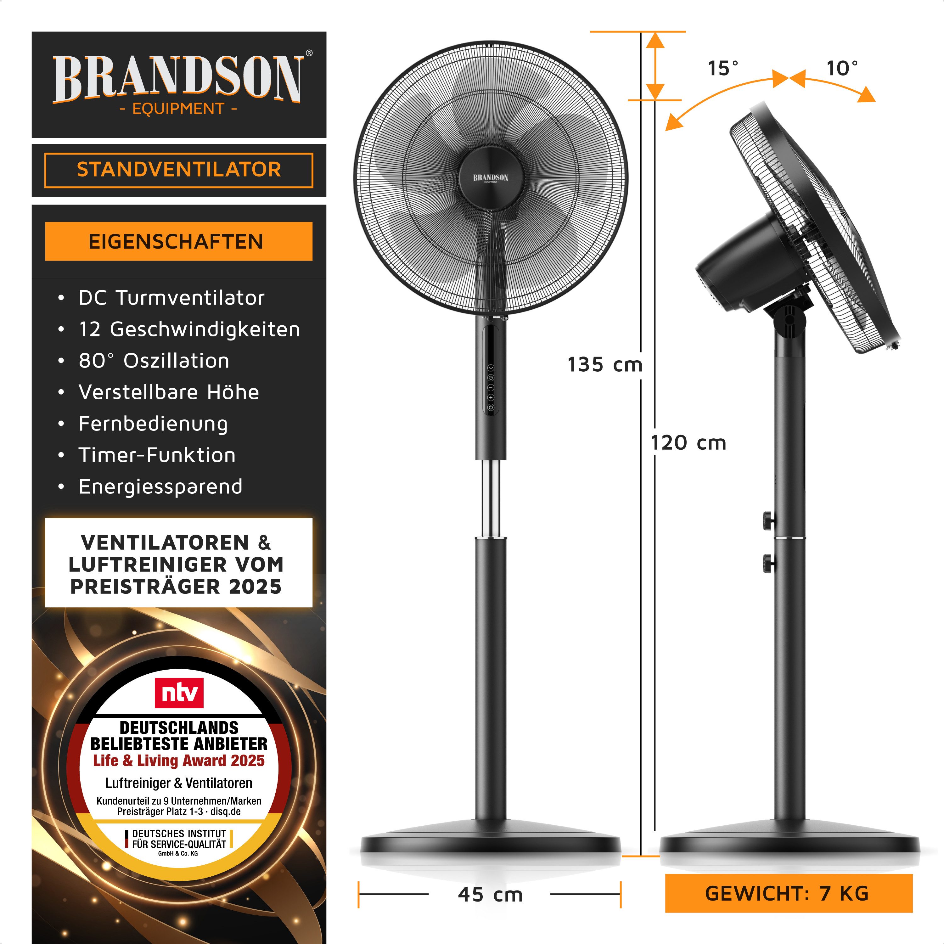 Brandson Standventilator mit Fernbedienung, leise, DC, günstig online kaufen