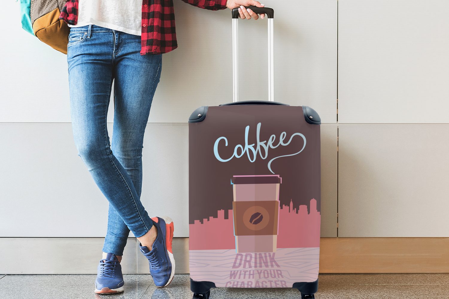 MuchoWow Handgepäckkoffer deinem Reisekoffer - trinken 4 Sprichwörter rollen, - Reisetasche Rollen, für Charakter, Ferien, Trolley, Zitate Kaffee mit mit Handgepäck