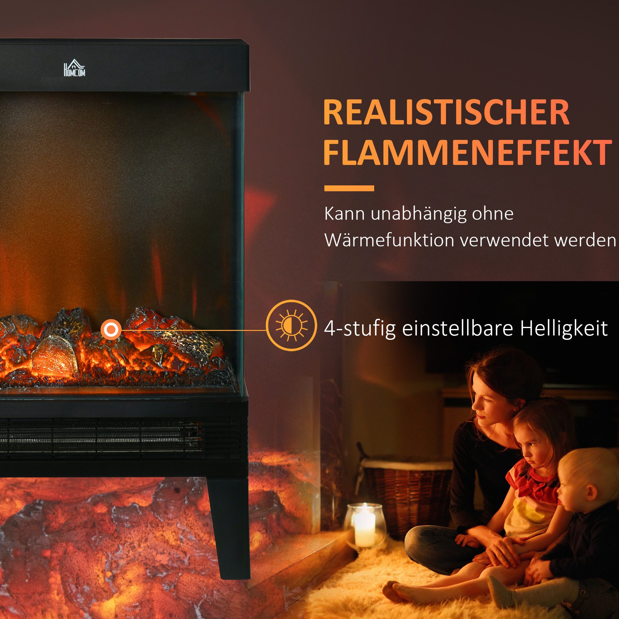 HOMCOM Elektrokamin 2000 W Standkamin mit Heizung, LED 3D-Flammeneffekt, mit 4 Helligkeitsstufen, Thermostat, Überhitzungsschutz, Schwarz – Bild 4 von 5