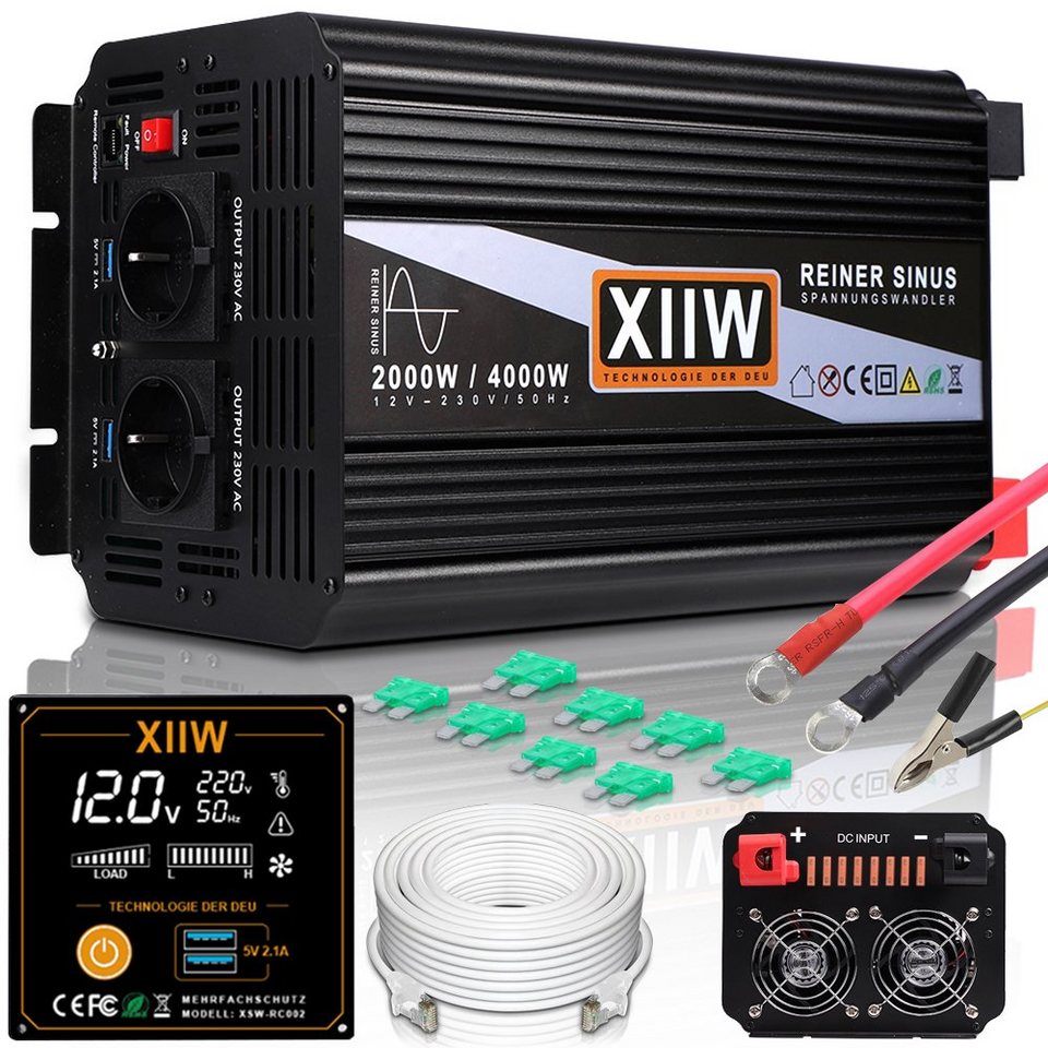 XERSEK Spannungswandler LCD Spannungswandler Reiner Sinus 2000W 4000W  Wechselrichter Inverter, 4x USB, 2x Steckdosen, 4M Fernbedienung