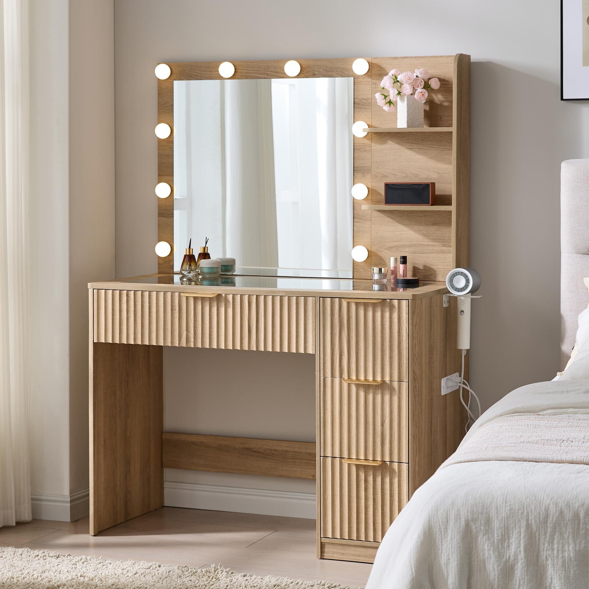 AMERLIFE Schminktisch mit LED-Beleuchtung, Glasplatte, 4 Schubladen, Holzoptik (1-St), 3 Lichtmodi, integrierte Steckdose, Föhnhalter, Rillenfront