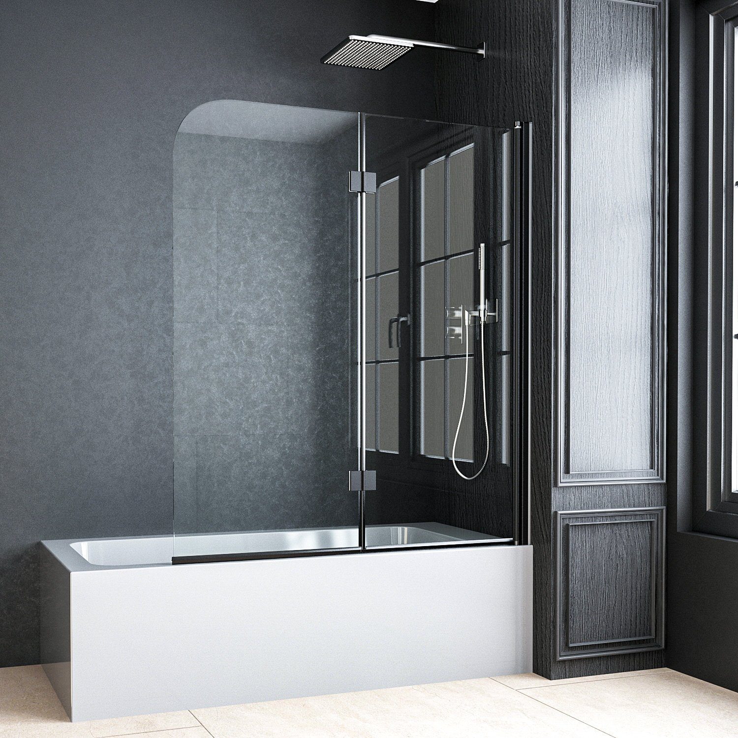 Boromal Badewannenaufsatz Duschwand für Badewanne Schwarz 120 x 140cm Faltbar Duschabtrennung, (Klarglas /Teilsatiniert glas), Badewannenfaltwand Glaswand 6mm ESG Glas