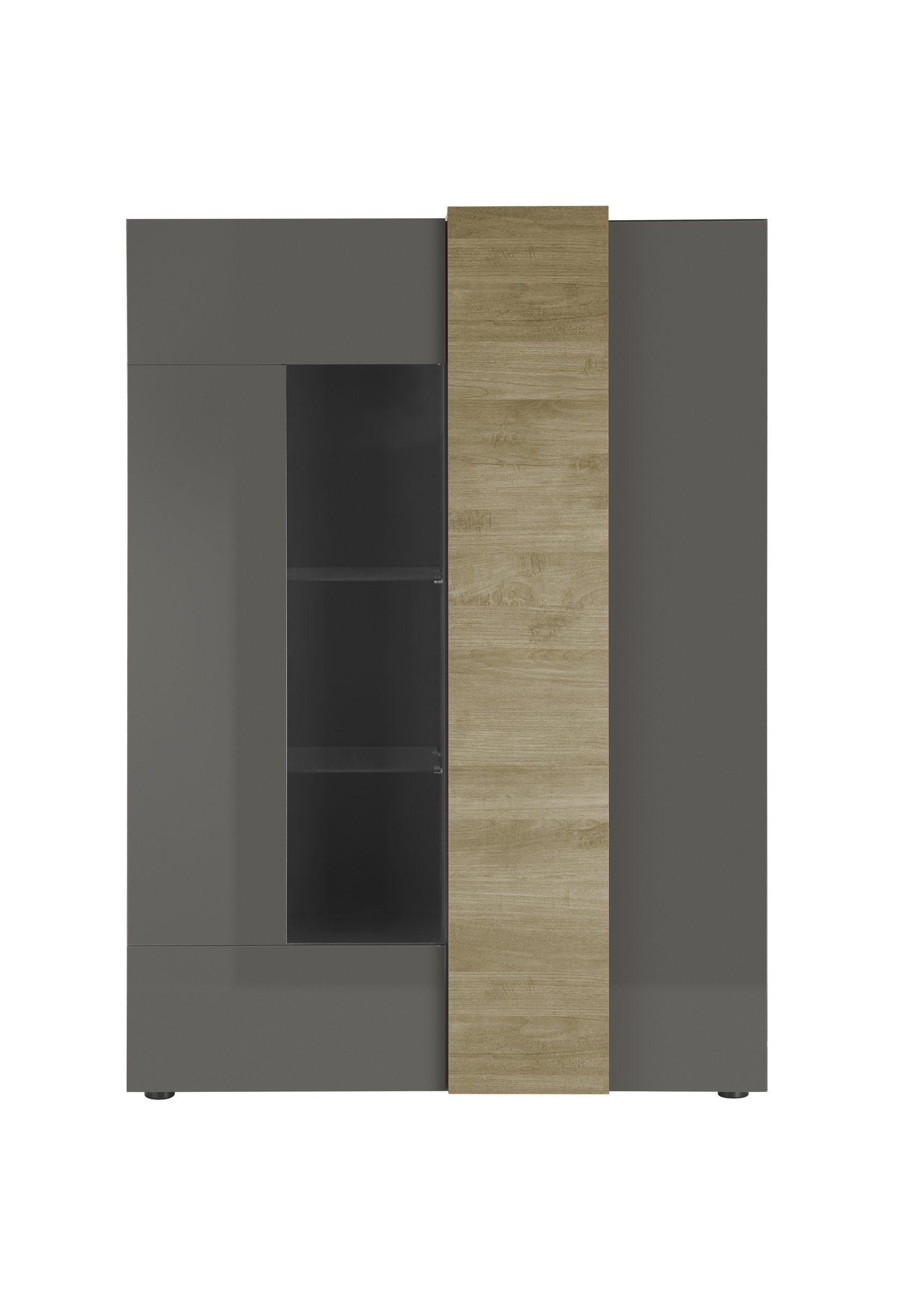 (B/H/T) Holzwerkstoff,holzwerkstoff 2 cm in Türen aus Einlegeböden. Abmessungen 121x168x44 möbelando dunkelgrau Standvitrine POSITANO und mit 4