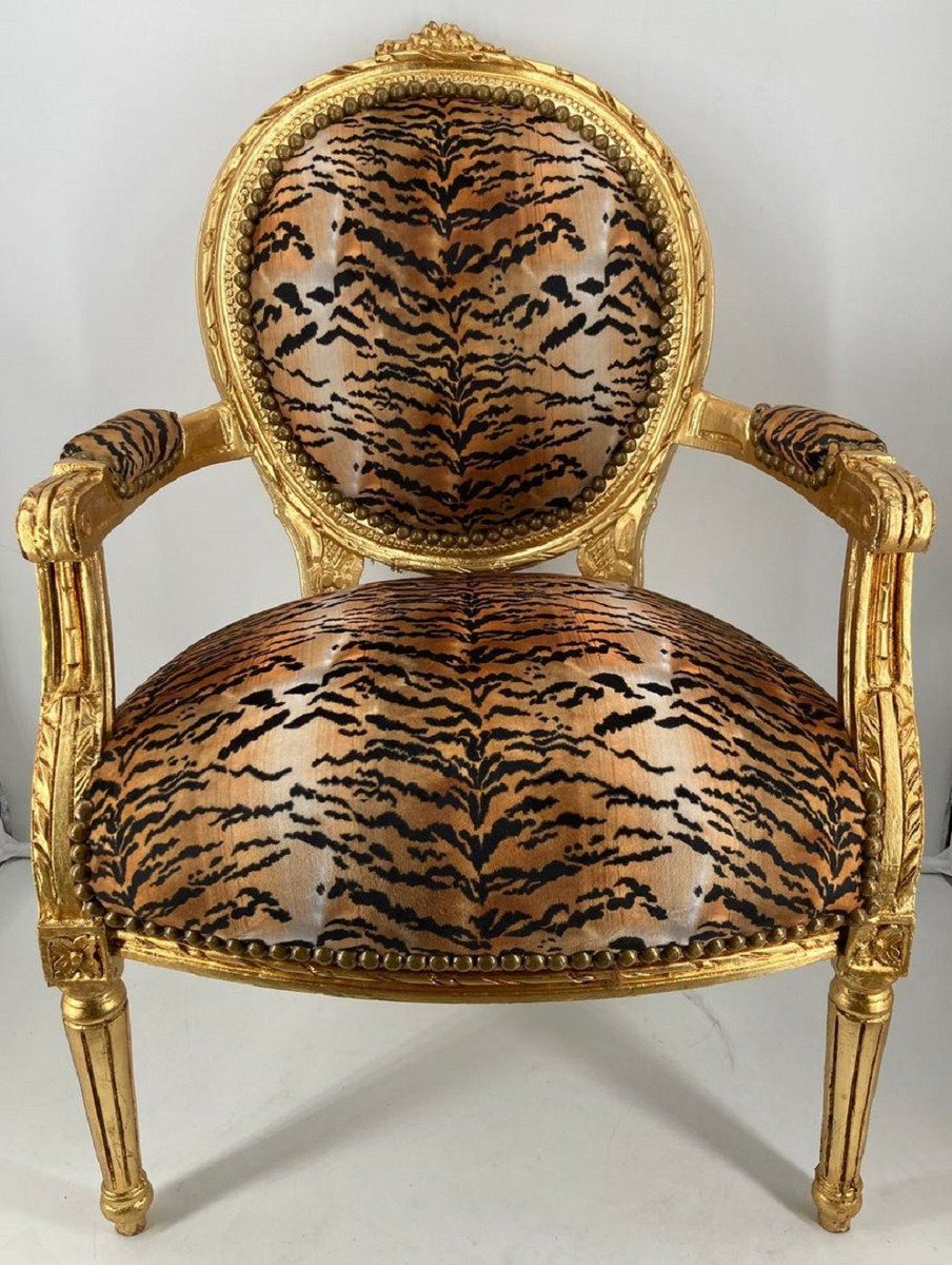 Casa Padrino Besucherstuhl Barock Medaillon Salon Stuhl Leopard / Gold - Handgefertigter Antik Stil Stuhl mit Armlehnen - Antik Stil Möbel - Barock Möbel