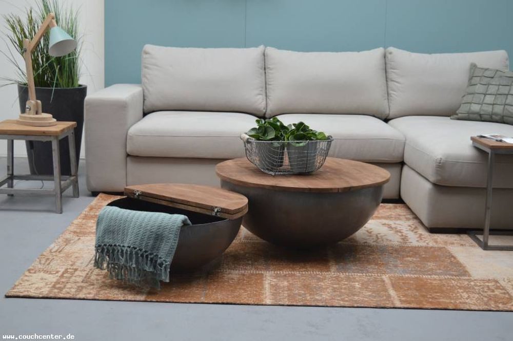 Couchtisch DESIGN Couchtisch Mangoholz Suzan Metall rund Beistelltisch Halbkugel