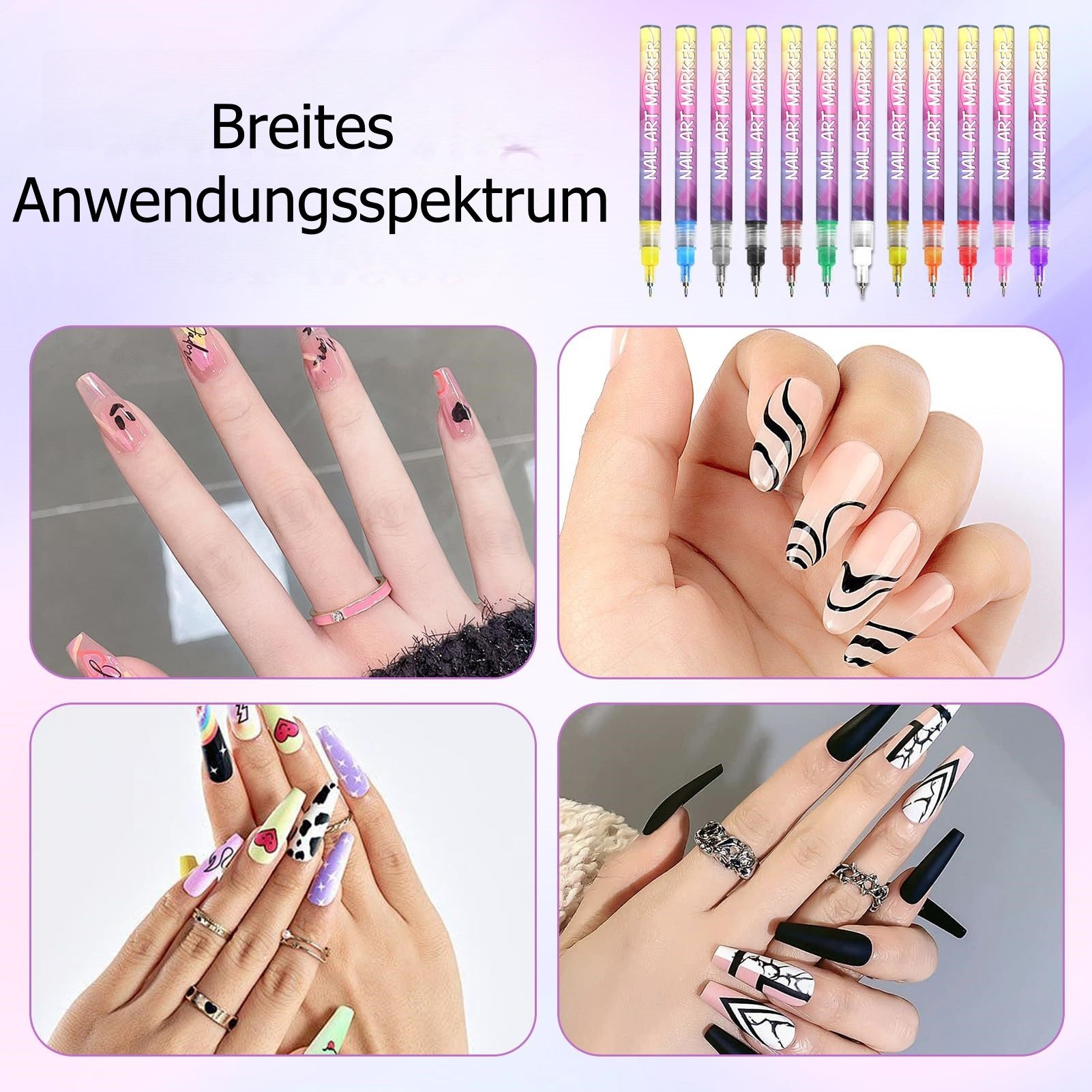 FOUORTUNATE-BEE Malstift 12 Farben Nailart Stifte – Schnelltrocknende 3D Nagellackpens, Nailart Linien Punktstifte Set für Zuhause & Studio