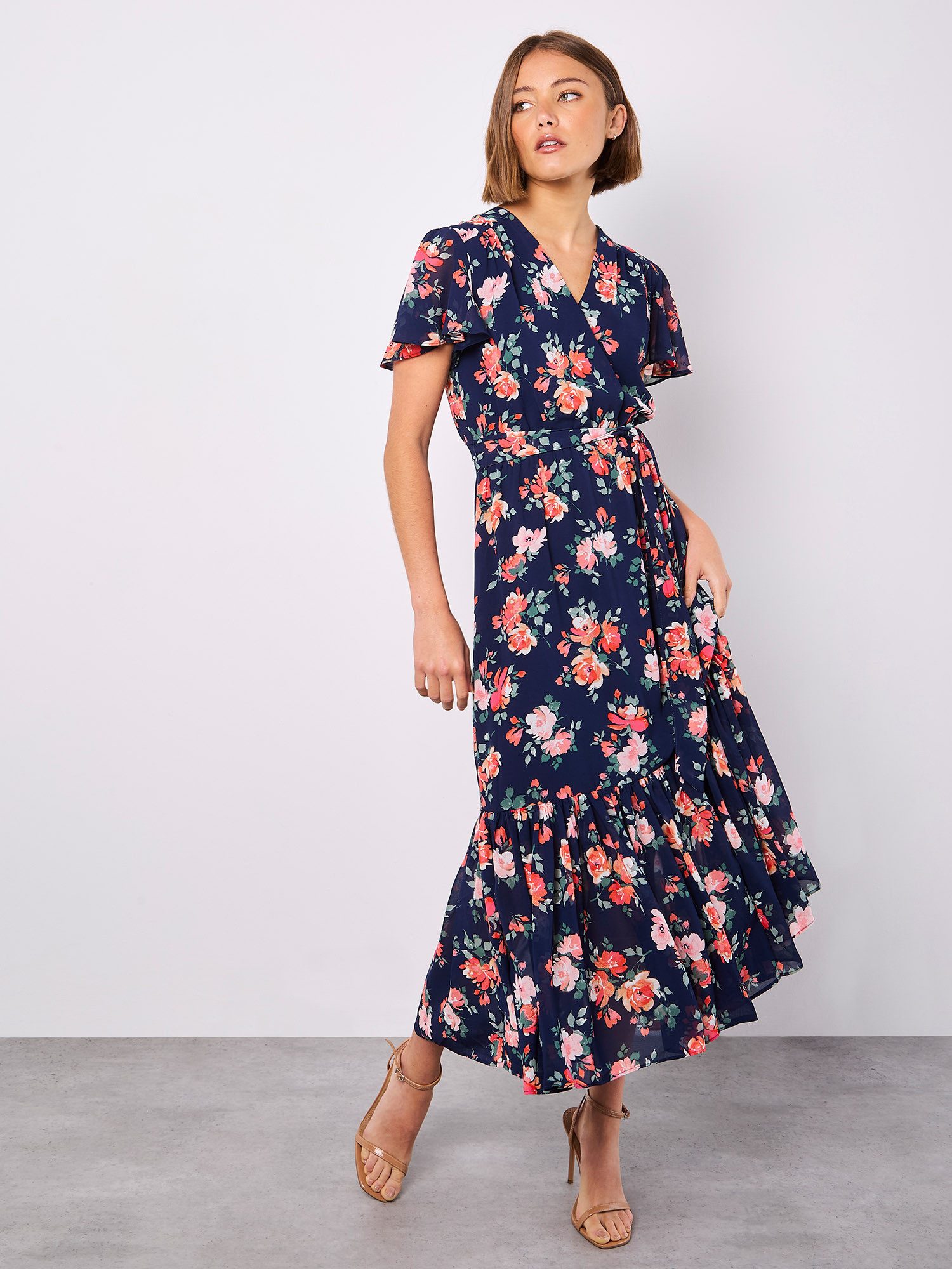 Apricot Druckkleid Midikleid in Wickeloptik (2-tlg) mit Blumenmuster günstig online kaufen