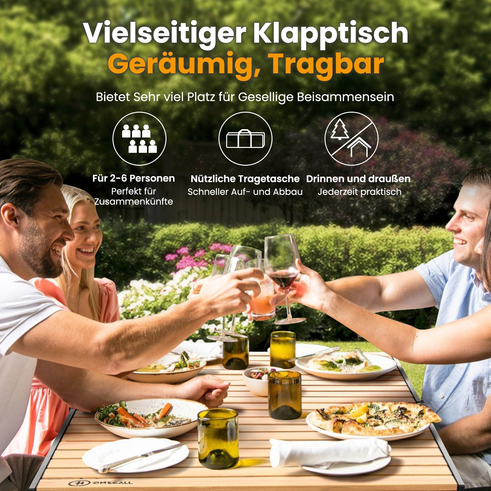 HOMECALL Klapptisch Campingtisch Klappbar Balkontisch Gartentisch Tragbar Outdoor Tisch (Aluminum Roll Up Tabletop, höhenverstellbares Bein, bis 100kg), Robust, stabil, für 4-6 Personen