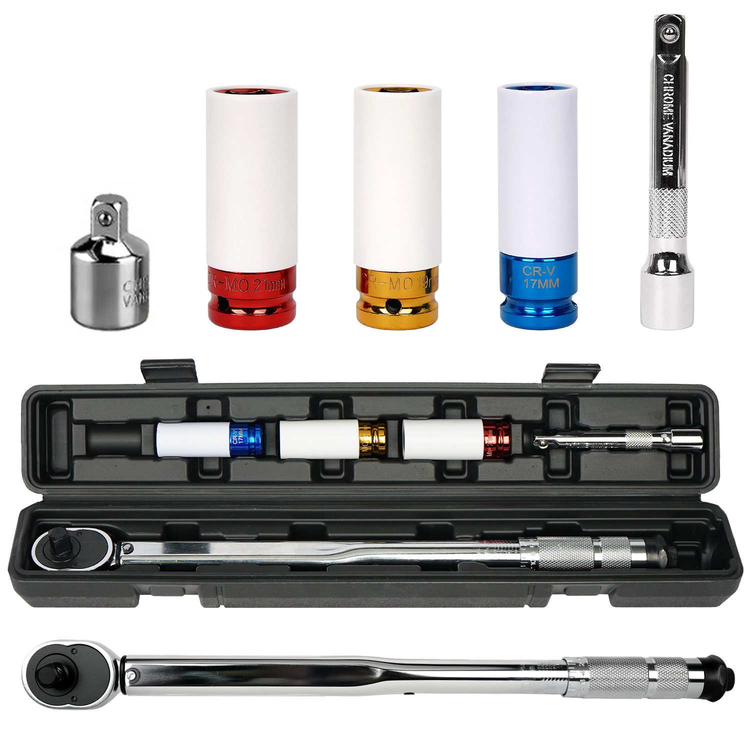 Drehmomentschlüssel Set 1/2 Zoll (12,5mm) 28-210 Nm Stecknüsse 17,19,21