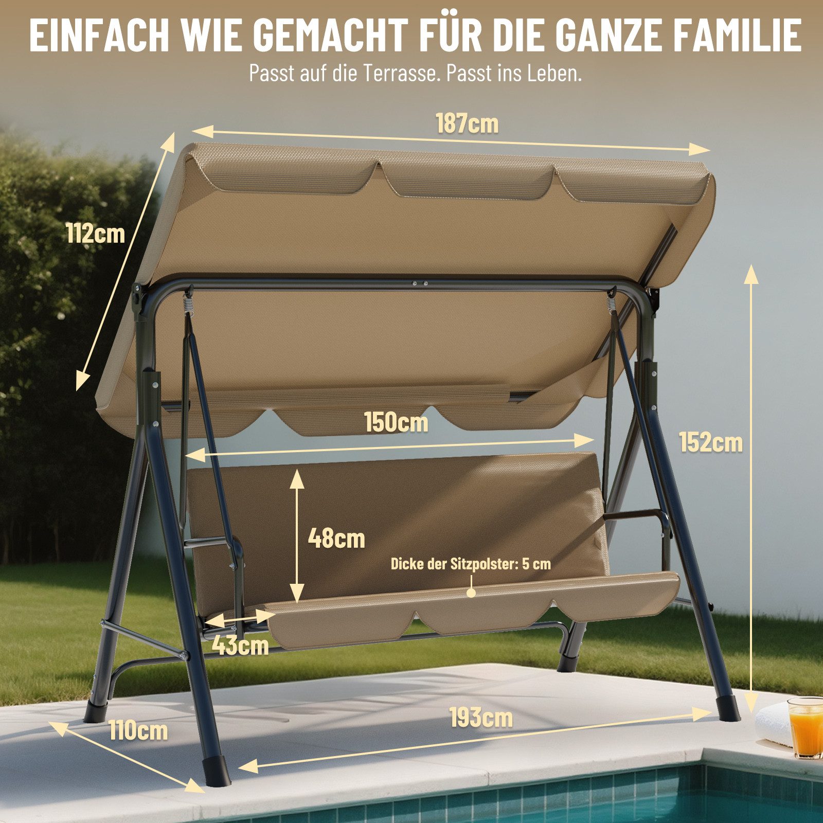 Huracan Hollywoodschaukel 3-Sitzer, Gartenschaukel mit Verstellbarem Sonnendach, 3-Sitzer, 193*110*152cm-Klassiker, UV-Schutz Wetterfest, Schaukelbank 220kg Belastbar