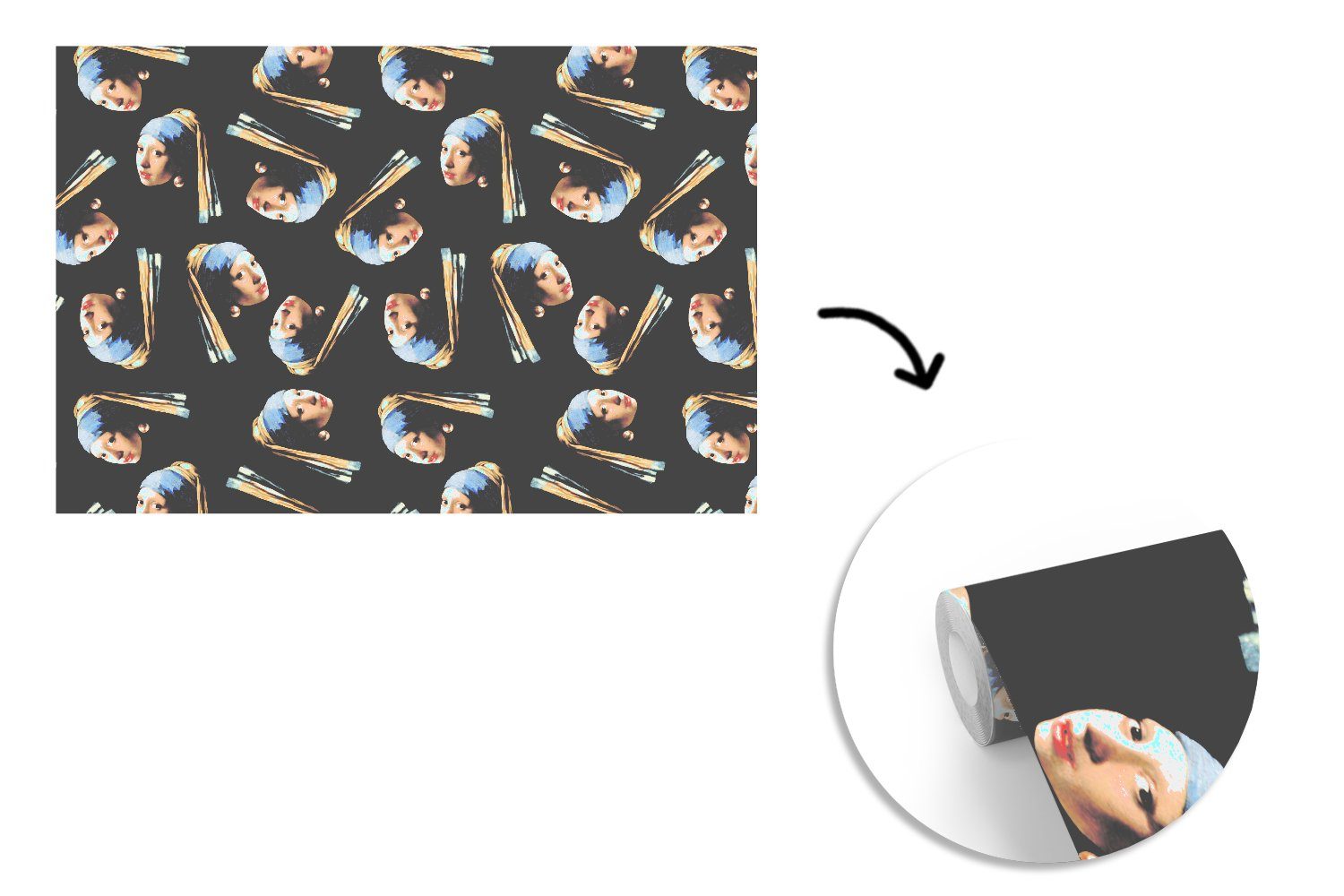 Perlenohrring Vermeer, Kinderzimmer, Wohnzimmer, mit Matt, (6 Mädchen - St), - Fototapete MuchoWow Tapete Wallpaper Schlafzimmer, bedruckt, Muster für Vinyl