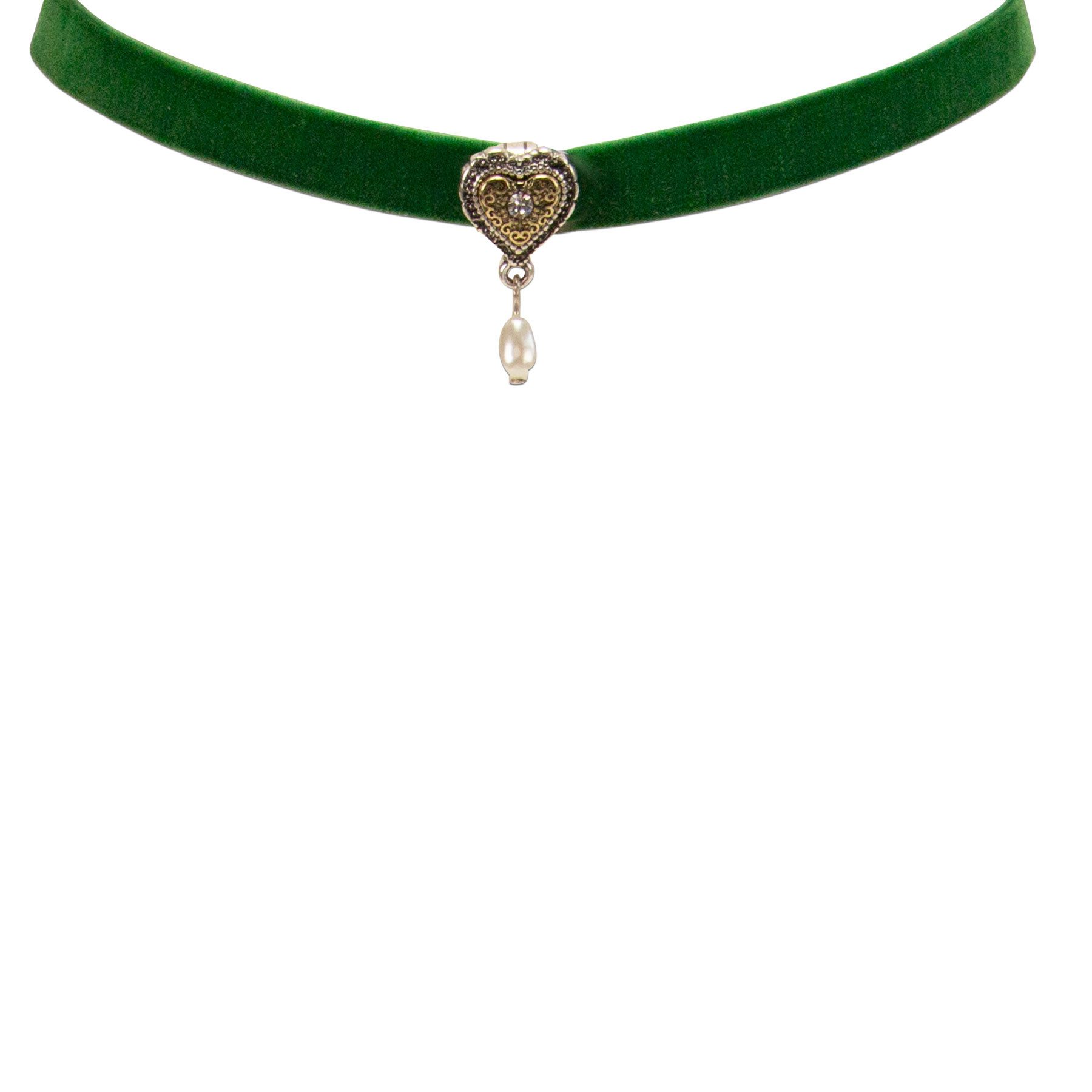 Alpenflüstern Choker Trachten-Samtkropfband Trachtenherz mit Tropfenperle (waldgrün), - Trachtenkette enganliegend, Kropfkette elastisch, Damen-Trachtenschm – Bild 2 von 3