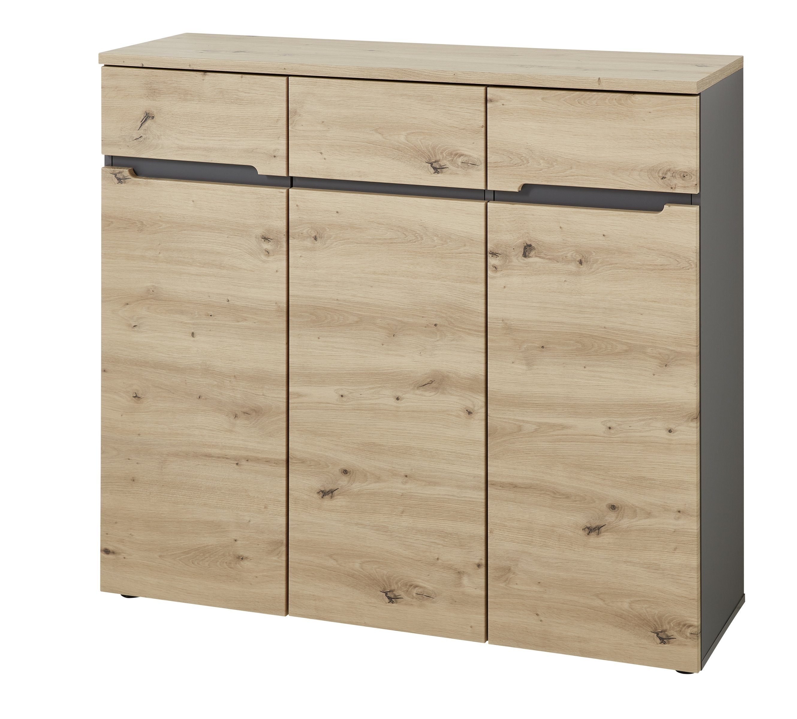 möbelando Schuhschrank "Meagan II" Moderner Schuhschrank, Korpus aus Spanplatte in Graphit, Front aus MDF in Artisan Eiche Nachbildung mit 3 Holztüren und 8 Einlegeböden. Breite 120 cm, Höhe 107 cm, Tiefe 38 cm