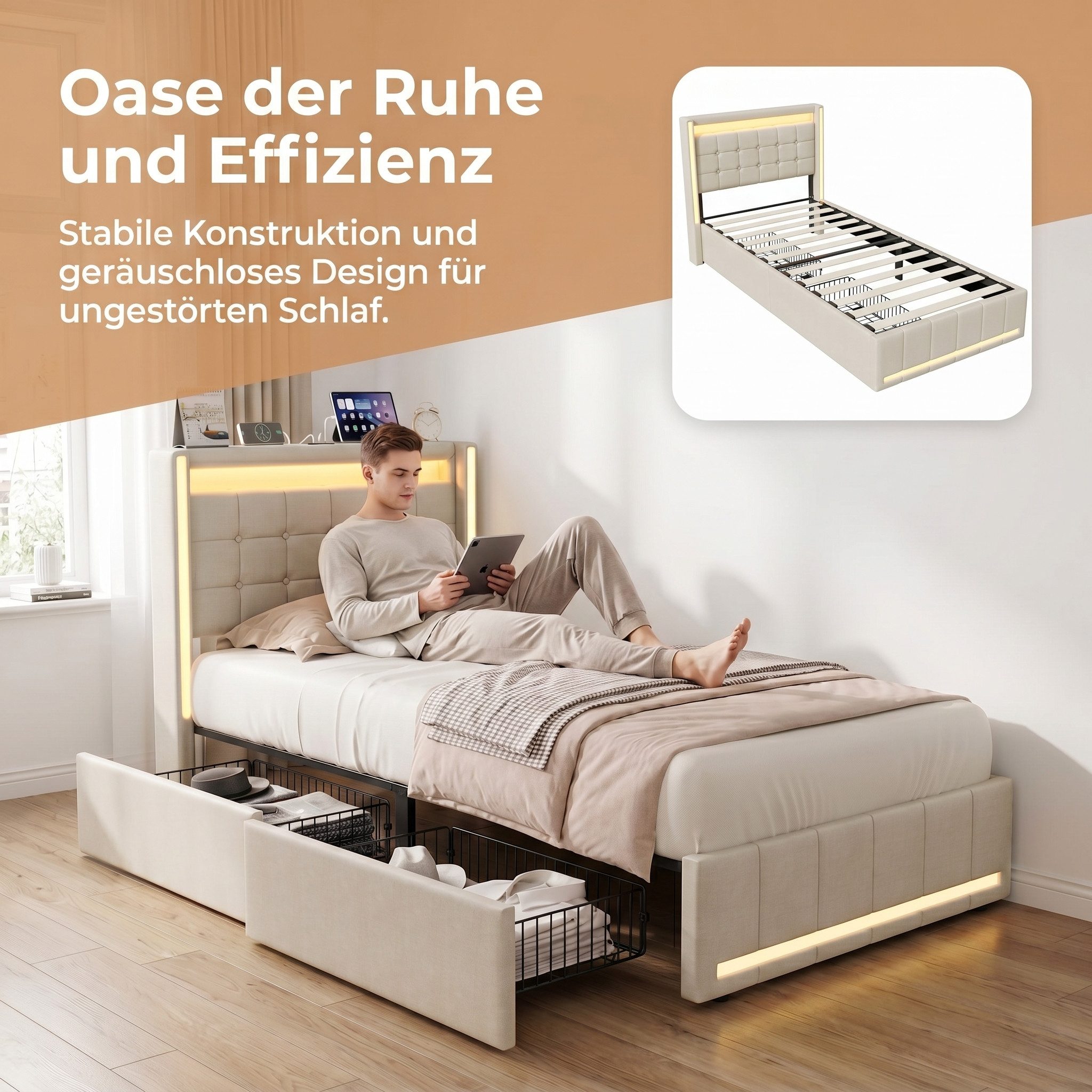 PXloue Polsterbett LED Doppelbett Stauraumbett, mit USB-Laden und Stauraum am Kopfteil,Leinen,90x200 cm – Bild 3 von 5