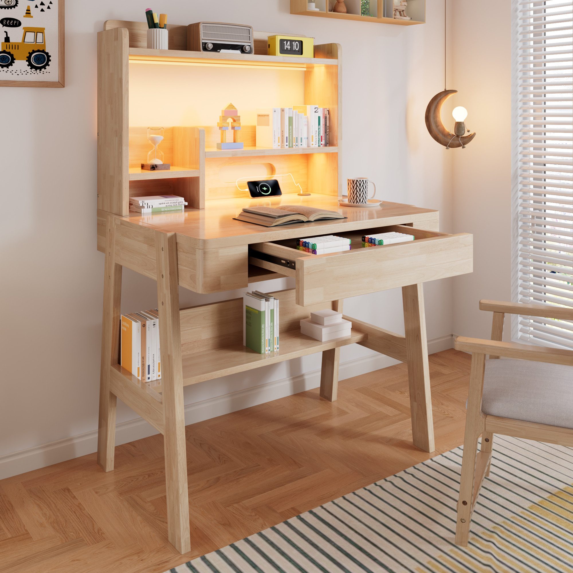 Flieks Kinderschreibtisch Höhenverstellbar, mit LED-Lichtleiste, USB-Anschluss & Schublade (B84/T60/H117-127 cm, 1-St., 1 Tisch), Multifunktionaler Schreibtisch aus Massivholz Naturfarben, ab 6 Jahren