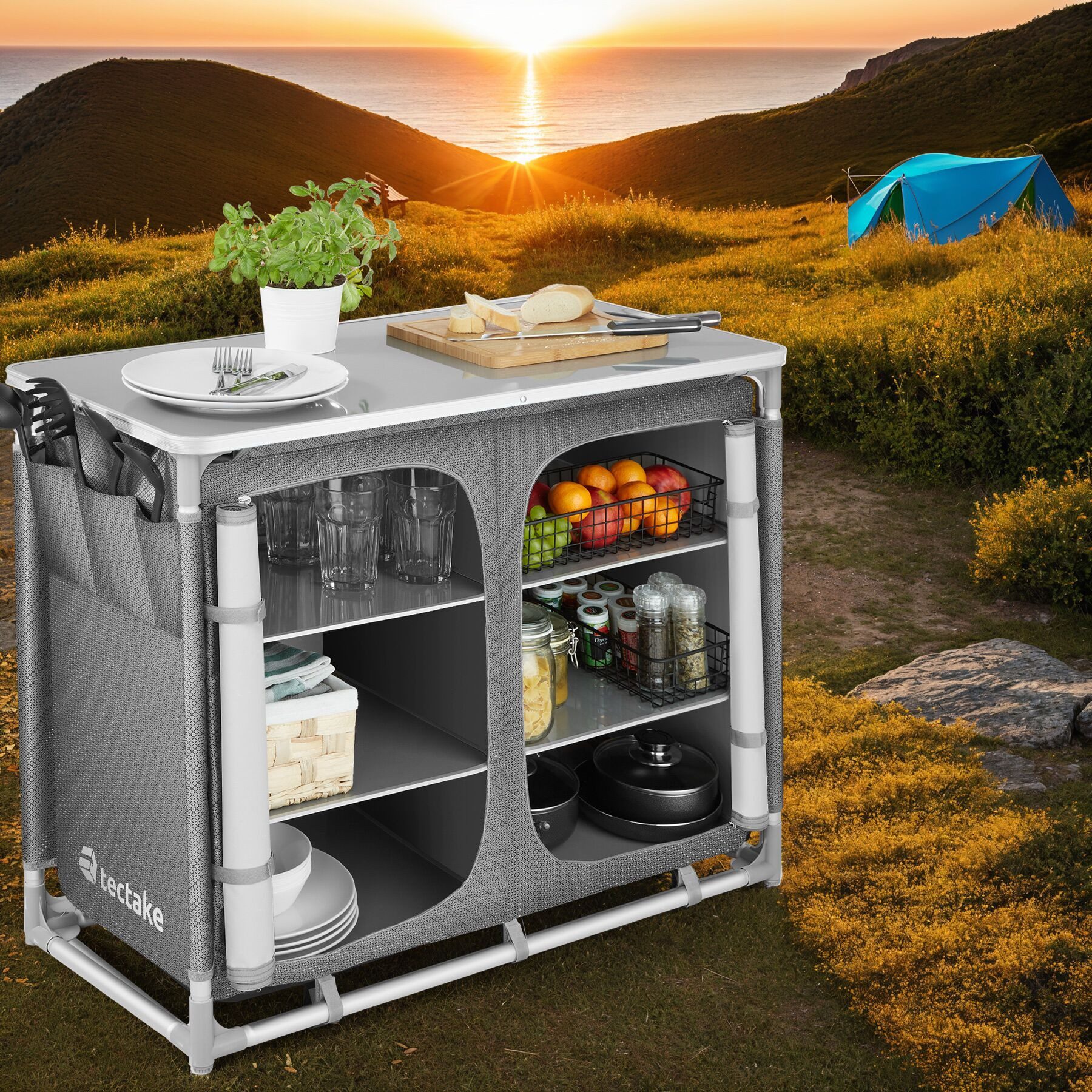 tectake Campingtisch Camping-Klapptisch, Maße: 97 x 47,5 x 78 cm, lässt sich falten (Outdoor-Tisch, 1-St., in grau), Wetterbeständig, Stauraum mit 6 Fächern, inklusive Tragetasche