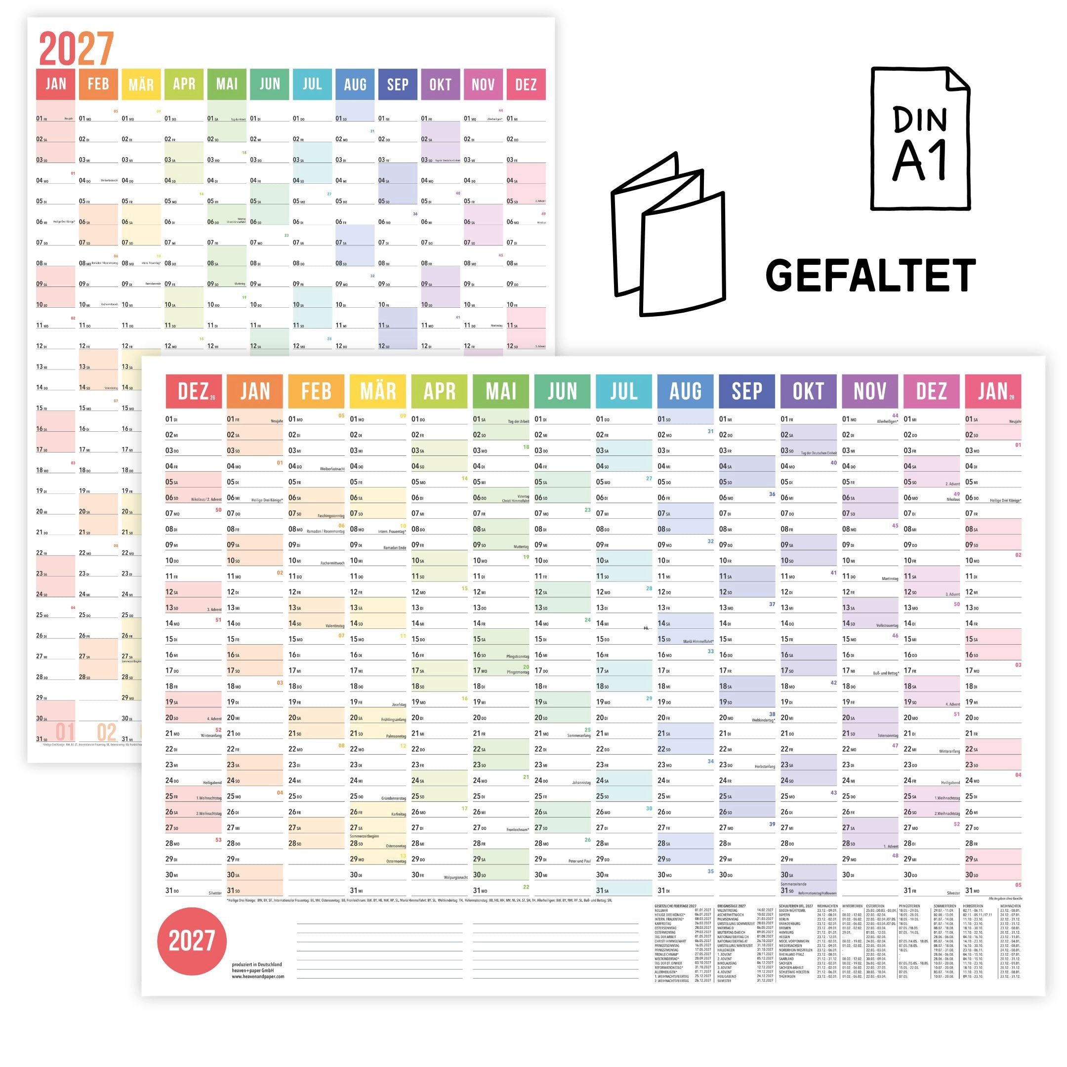 heaven+paper Jahresplaner Wandplaner 2027 Regenbogen – DIN A1, beidseitig bedruckt, Hergestellt in Deutschland