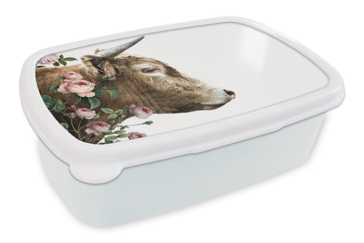 MuchoWow Lunchbox Schottischer Highlander - Rosen - Rosa - Weiß, Kunststoff, (2-tlg), Brotbox für Kinder und Erwachsene, Brotdose, für Jungs und Mädchen
