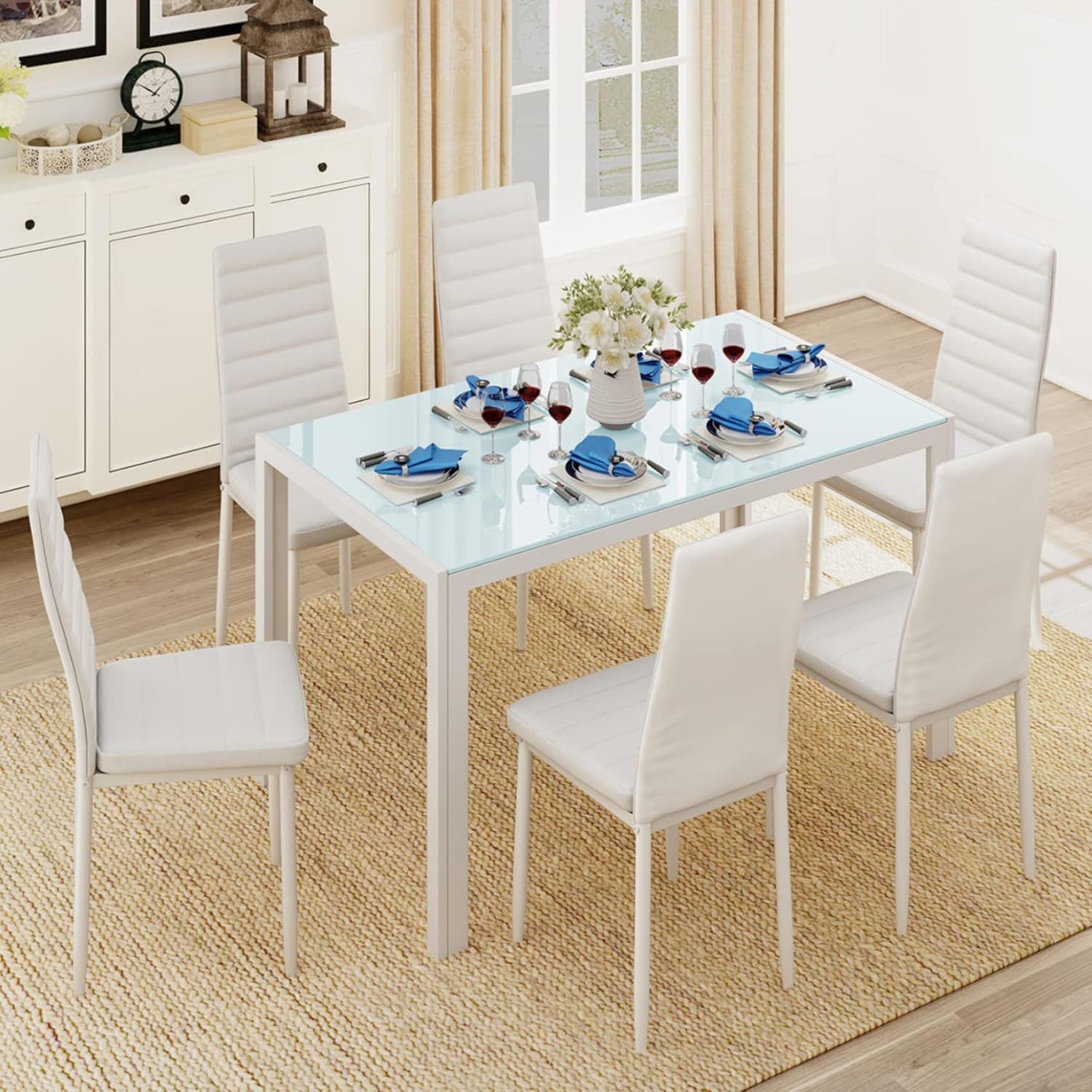 Blishom Essgruppe 7-tlg. Essgruppe aus Glas-Esstisch und 6 Kunstleder-Esszimmerstühle, Esszimmer Set 7-tlg. Glas Tisch 130 cm, Leicht zu reinigen