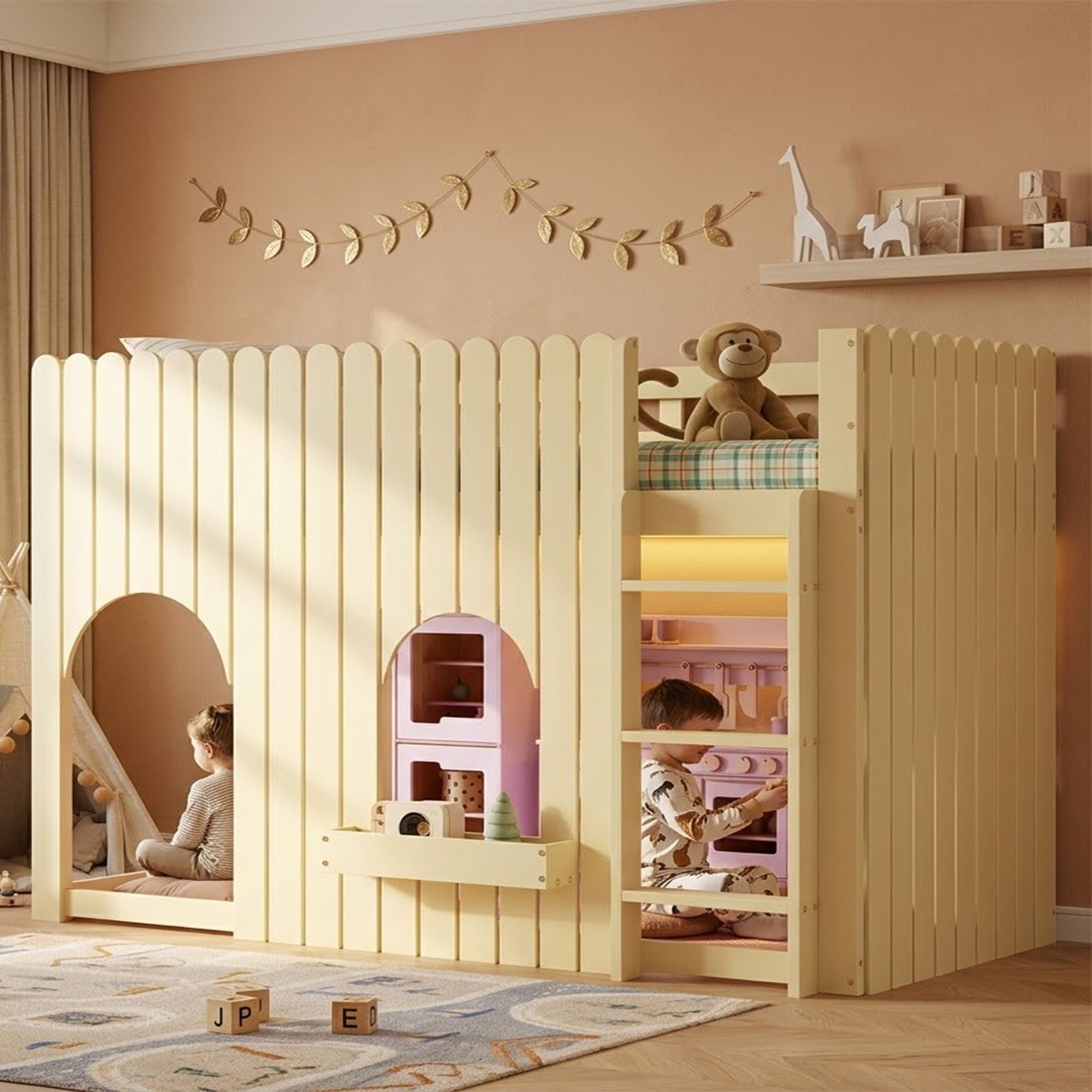 KLAM HOME Kinderbett Naturholz Hochbett 90x200cm mit bunter LED-Leiste & Rundumzaun (Kinder-Etagenbett mit dreistufiger Leiter, Fensterdekoration & Ablage), Spiel-Hochbett aus Kiefer/MDF mit frei nutzbarem Raum unter dem Bett