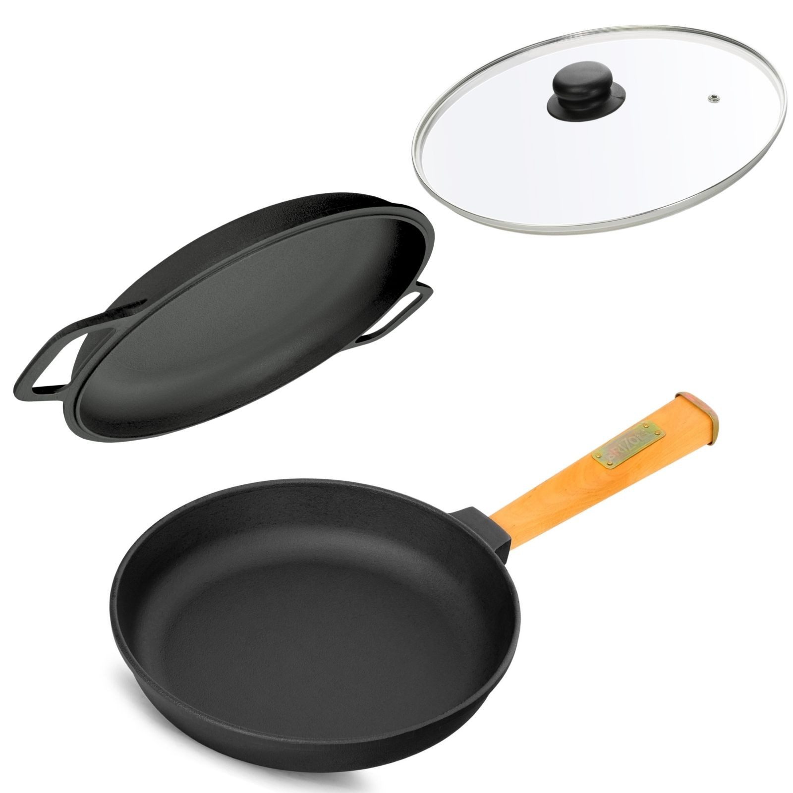 BIG-PAN Bratpfanne Ø20cm Pfanne Holzgriff Deckelbratpfanne Gusseisen Glasdeckel 