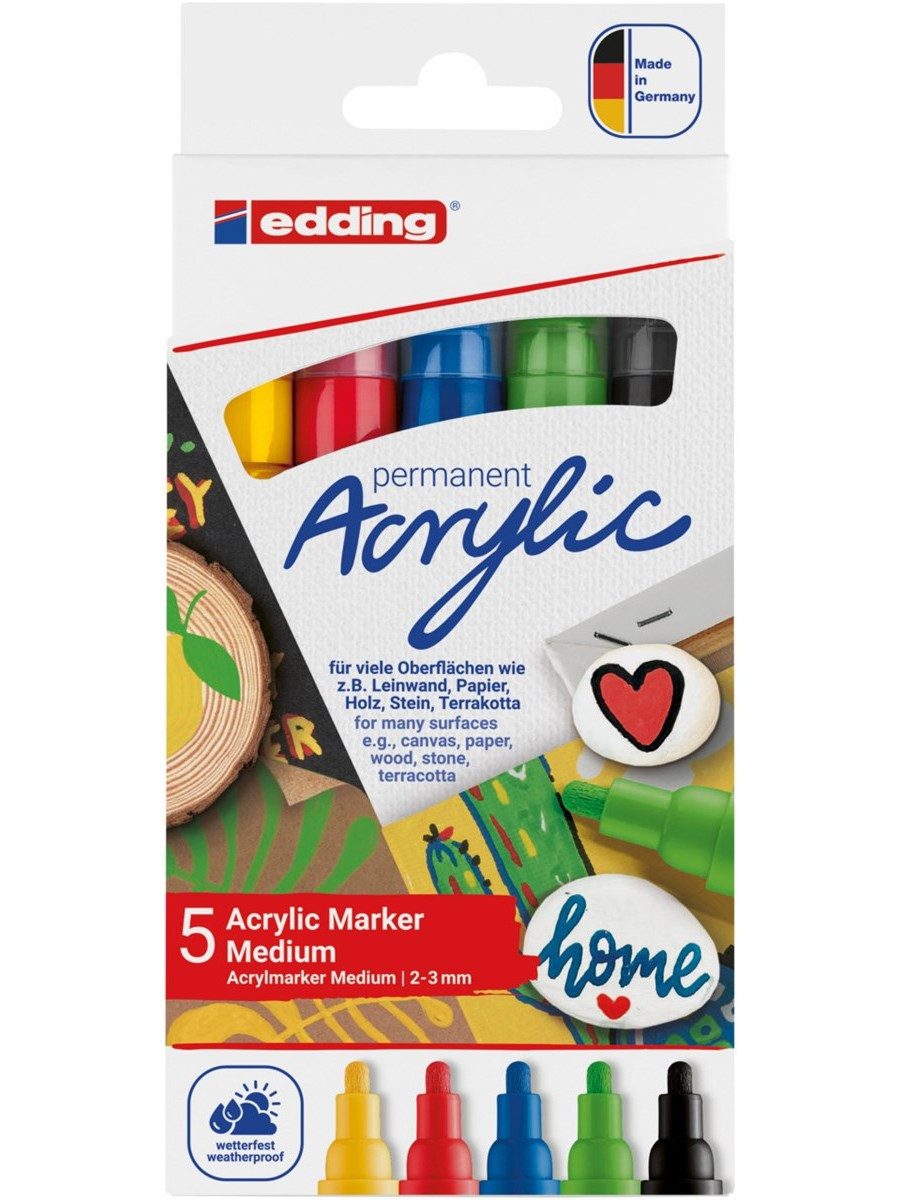 edding Marker Acrylmarker Set 5-teilig mit Rundspitze für Leinwand und Papier, wasserfest lichtecht permanent seidenmatt