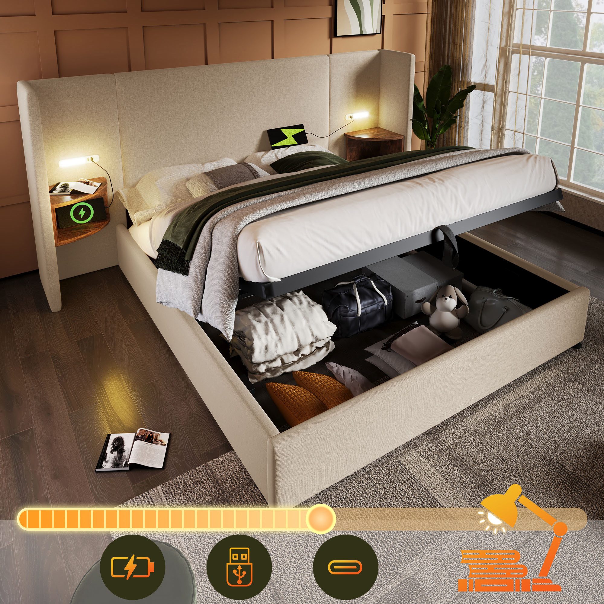 STILVORA Polsterbett Bettgestell 180×200 Doppelbett mit Nachttisch,Leselamp günstig online kaufen