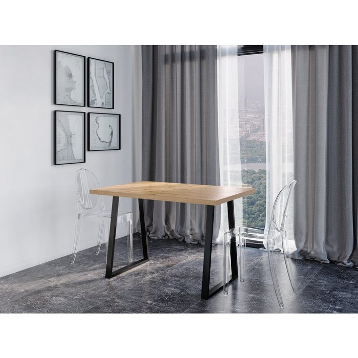 Möbelcenter Löhne Esstisch LOFT 120-160x80 cm/ Gestell schwarz/ Tischplatte: Weiß Beton Eiche