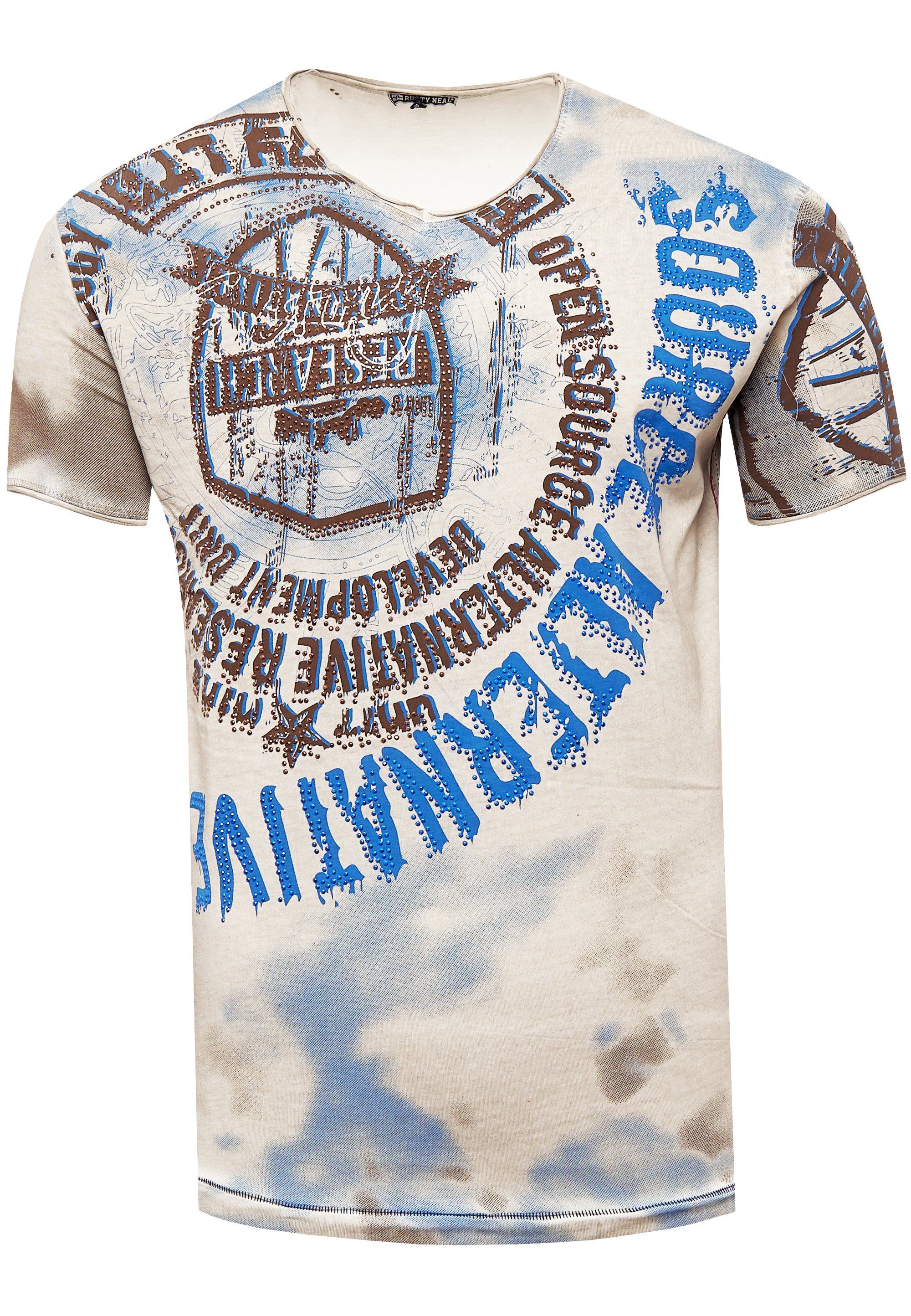 Rusty Neal T-Shirt beige-blau und Frontprint Strasssteinen mit