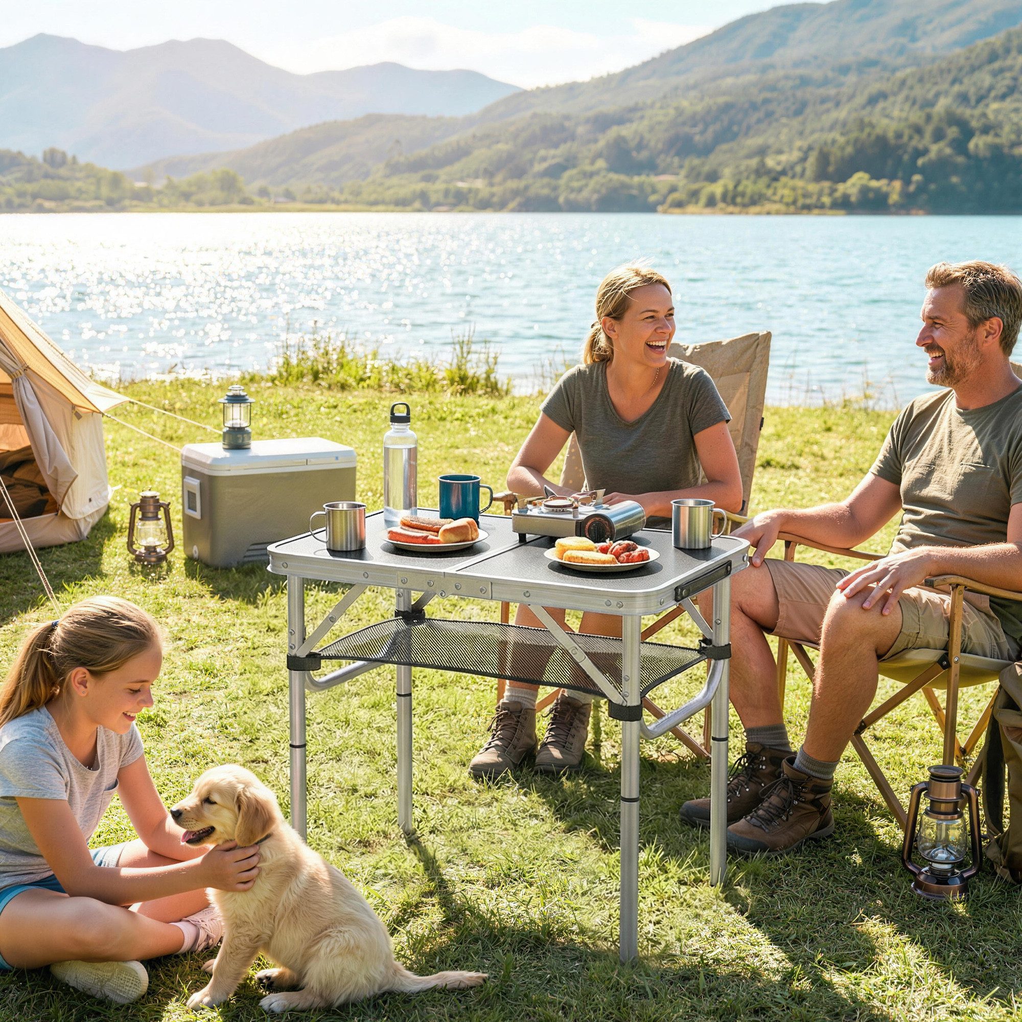Outsunny Campingtisch Campingtisch mit Netzfach, 4 Höhenverstellungen Beistelltisch (Klapptisch, 1-St., Gartentisch aus Aluminium), für Garten Balkon Camping 60 x 40 cm Schwarz