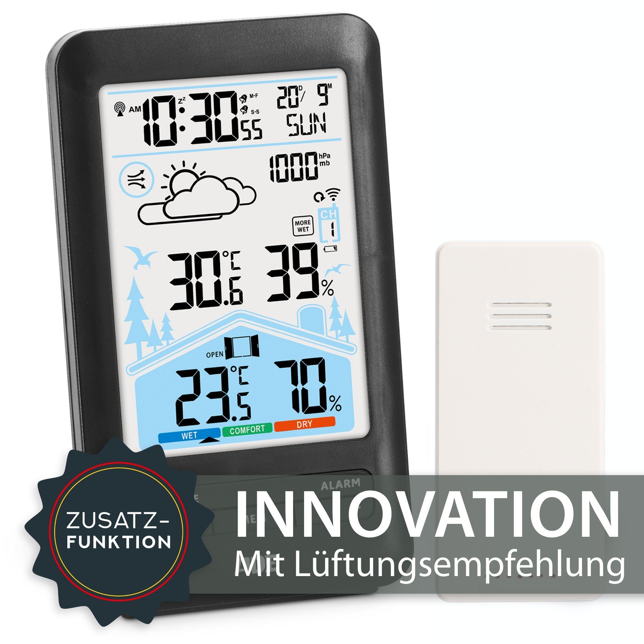 ADE Wetterstation mit Außensensor, Lüftungsempfehlung & Wettervorhersage Funkwetterstation (mit Außensensor, animierte Wettervorhersage, Wecker mit 2 Weckzeiten, Kalender)