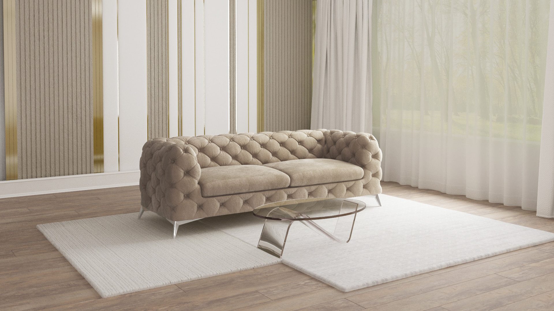S-Style Möbel Chesterfield-Sofa Kalina, 3-Sitzer mit silbernen Metall Füßen, mit Wellenfederung