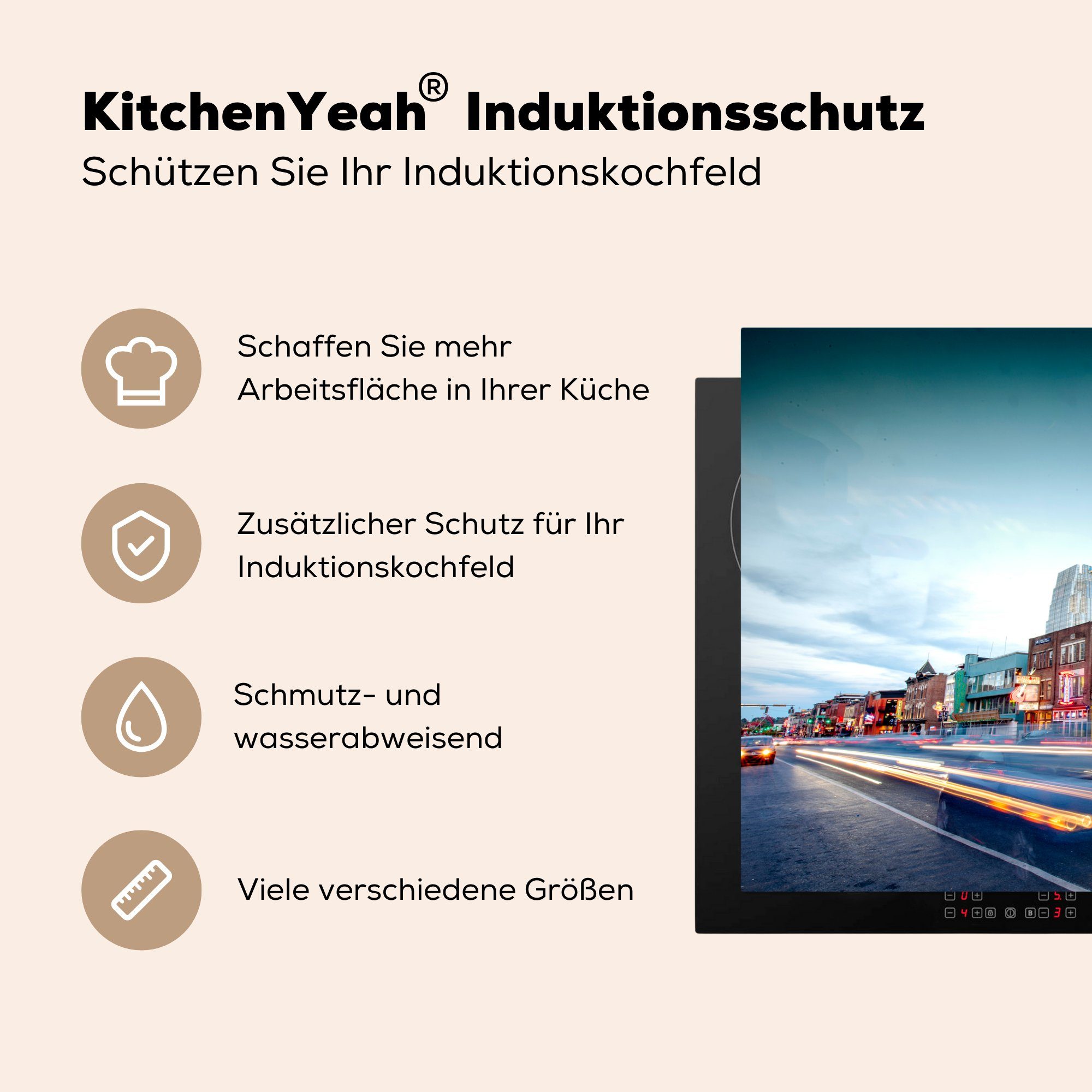 Schutz 81x52 für Induktionskochfeld Nashville, MuchoWow die in Ceranfeldabdeckung (1 Belebte cm, Herdblende-/Abdeckplatte Vinyl, tlg), Straße küche,