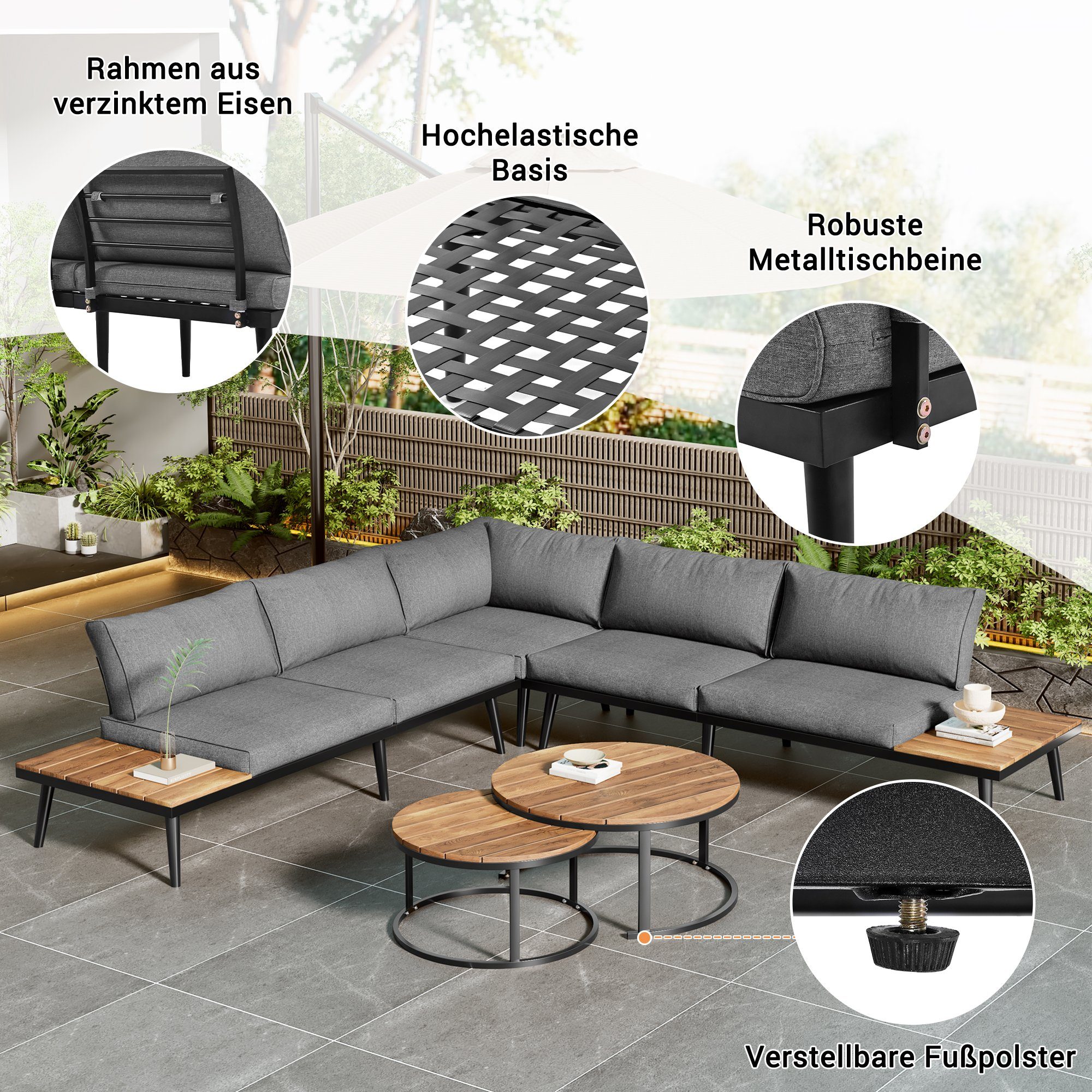 Merax Gartenlounge-Set aus Akazienholz für 6 Personen, Gartenmöbel set mit Stahlrahmen, (6-tlg), Balkonmöbel Set, Sitzgruppe, Garten-Garnitur mit Kissen, Lounge-Set