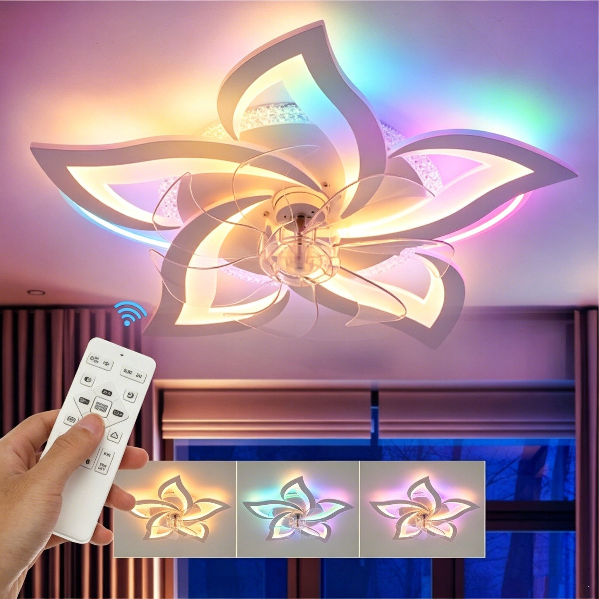 oyajia Deckenleuchte Leise Deckenventilator mit Beleuchtung, 60W / 85W LED Deckenleuchte, mit RGB Hintergrundlicht, LED fest integriert, Naturweiß, Kaltweiß, Warmweiß, LED Deckenbeleuchtung mit Ventilator,5 Lichter Design Deckenventilator