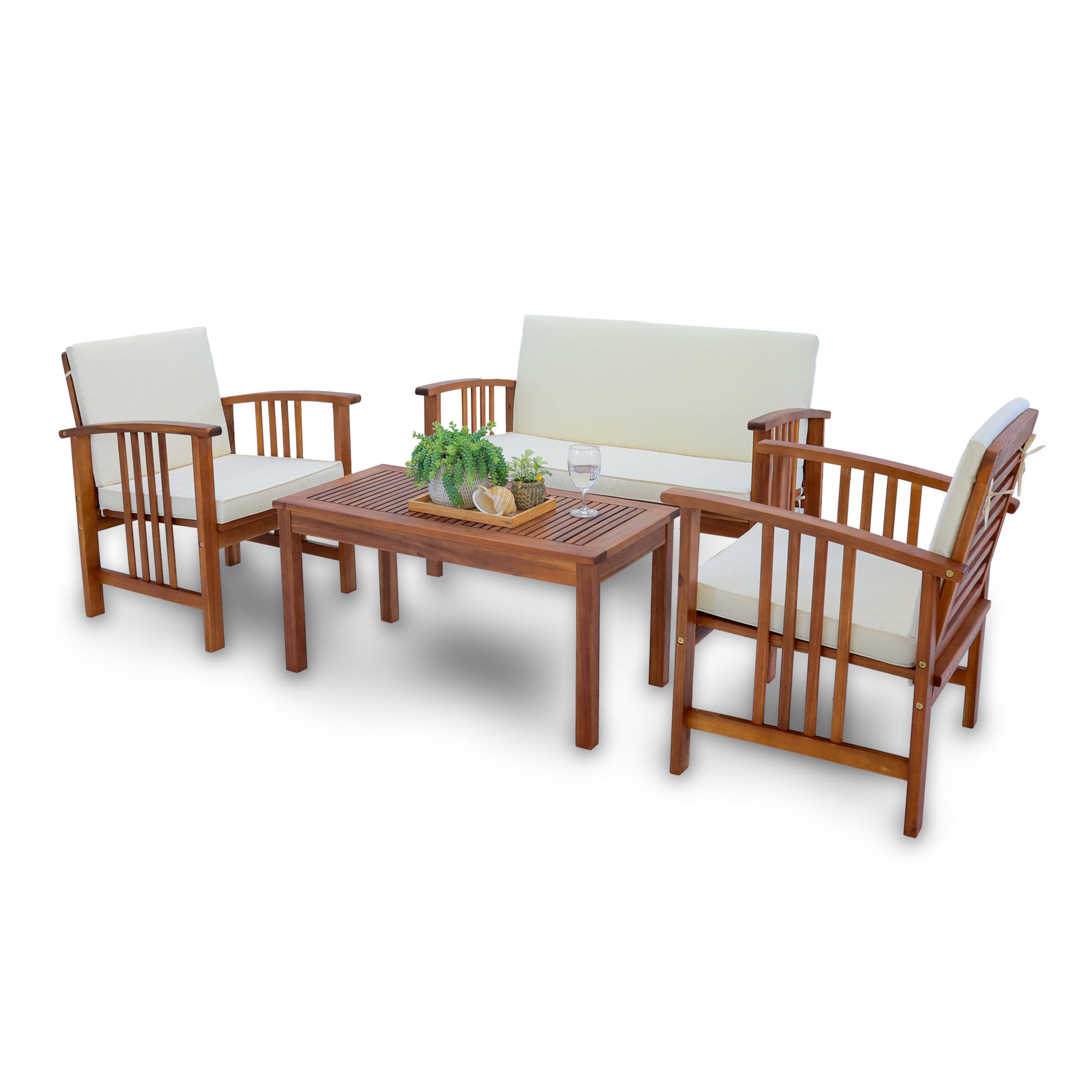 en.casa Gartenlounge-Set, (4-tlg., 1 Tisch, 2 Stühle, 1 Sitzbank inkl. Kissen), »Brissogne« Akazie Holzfarben/Beige