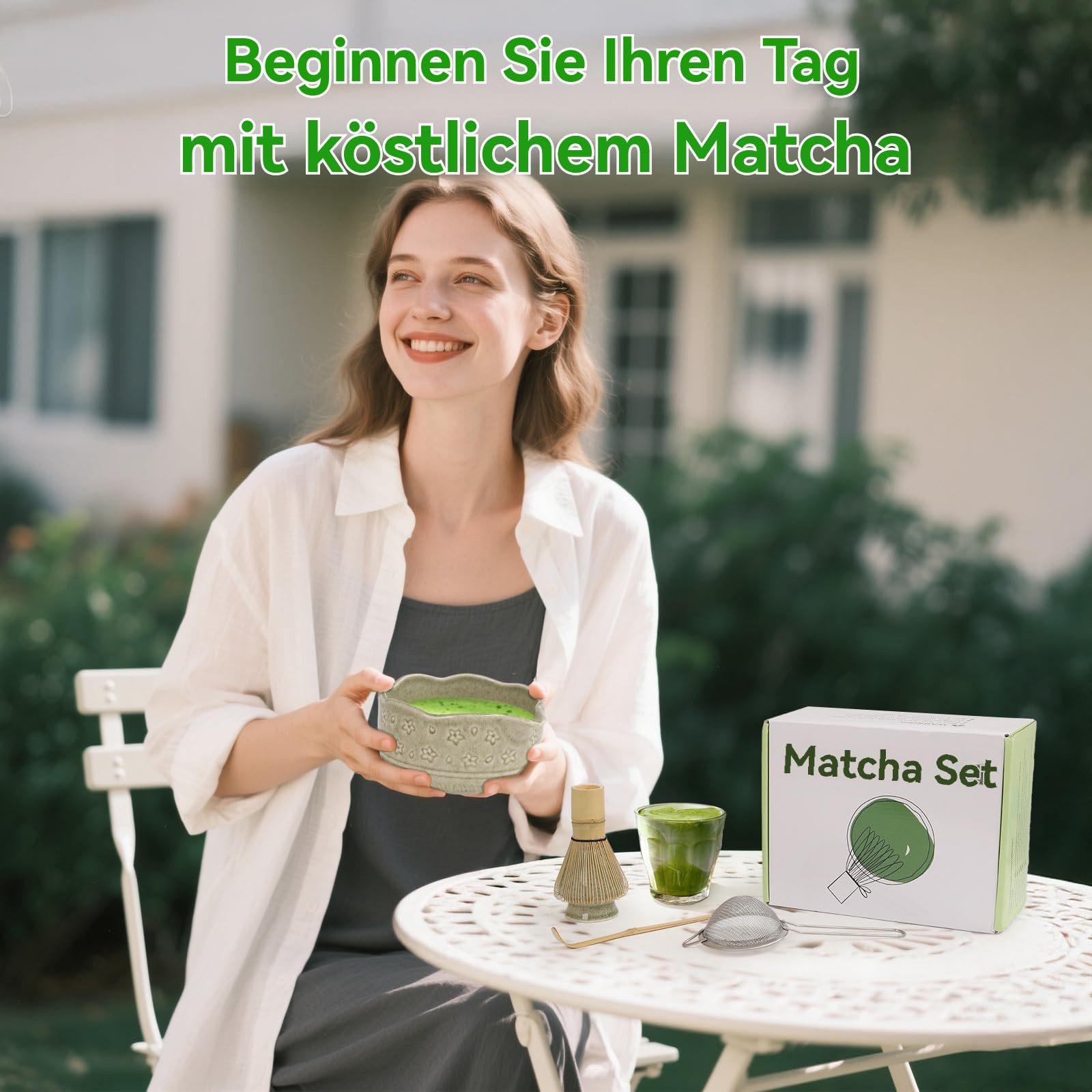 Coonoor Teeservice Premium Matcha Tee Set Teezubereitung, Teezeremonie Ausrüstung (5-tlg), mit Keramikschale, Edelstahlsieb, Löffel & Whisk Halter