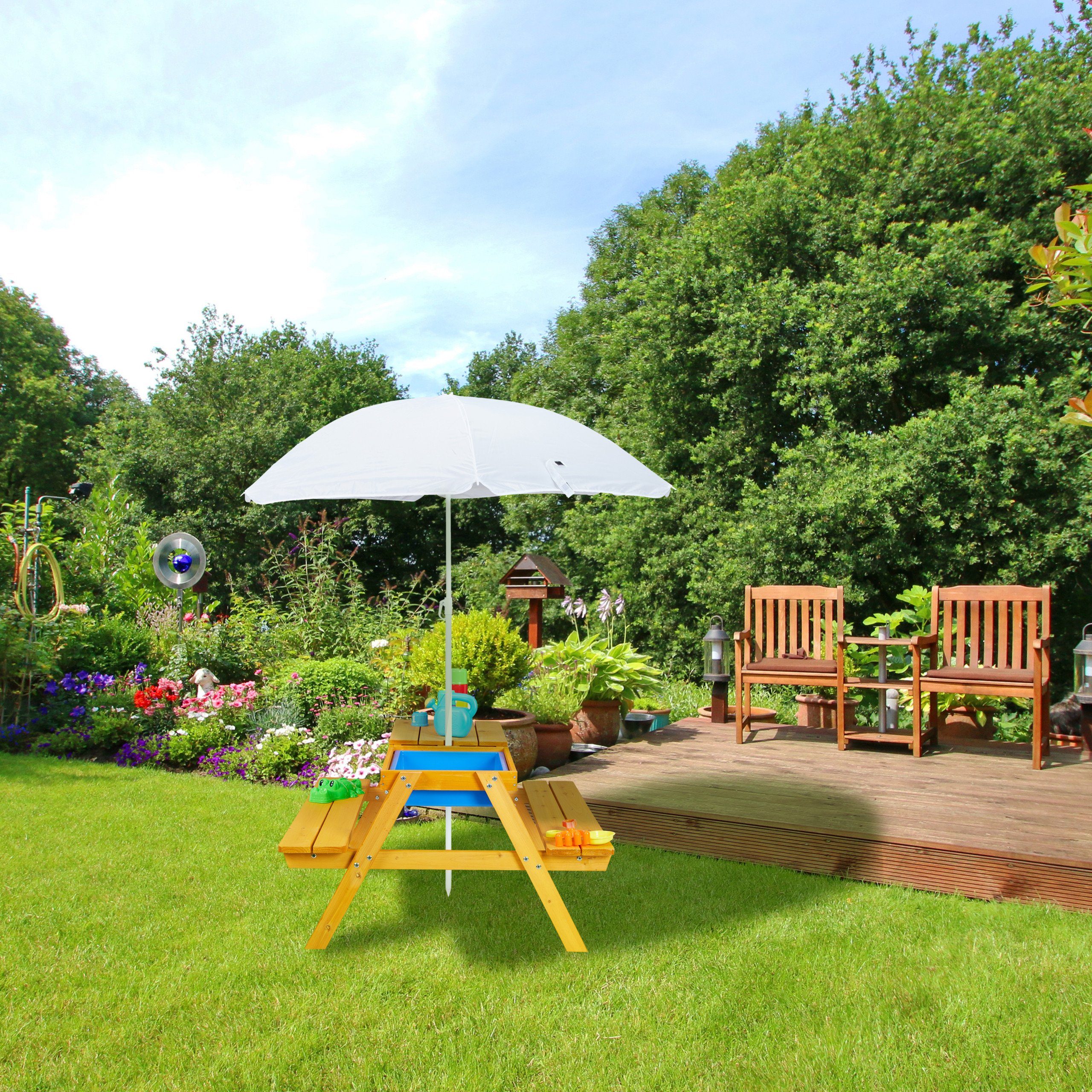 relaxdays Garten-Kindersitzgruppe Kindersitzgruppe Holz mit Schirm