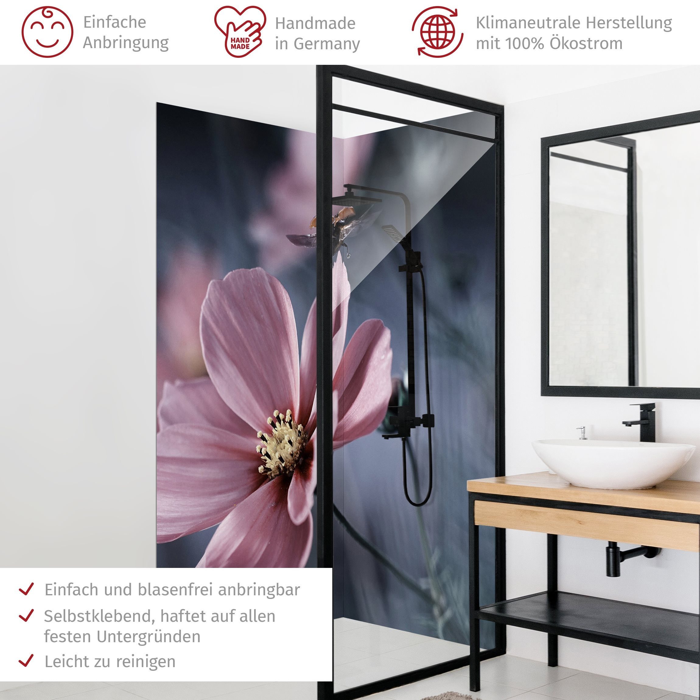 Thumbnail - Bilderdepot24 Badrückwand Blumen rosa Duschrückwand ohne Bohren Dusche Tiere, (2-tlg., Hart-Folie Smart matt 0,35 mm), f...