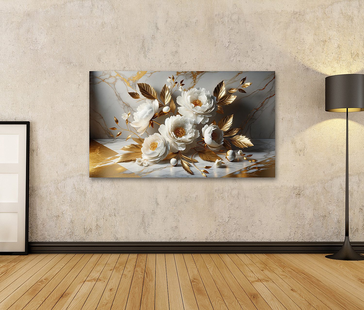 islandburner Leinwandbild Weiße Pfingstrosen und goldene günstig online kaufen