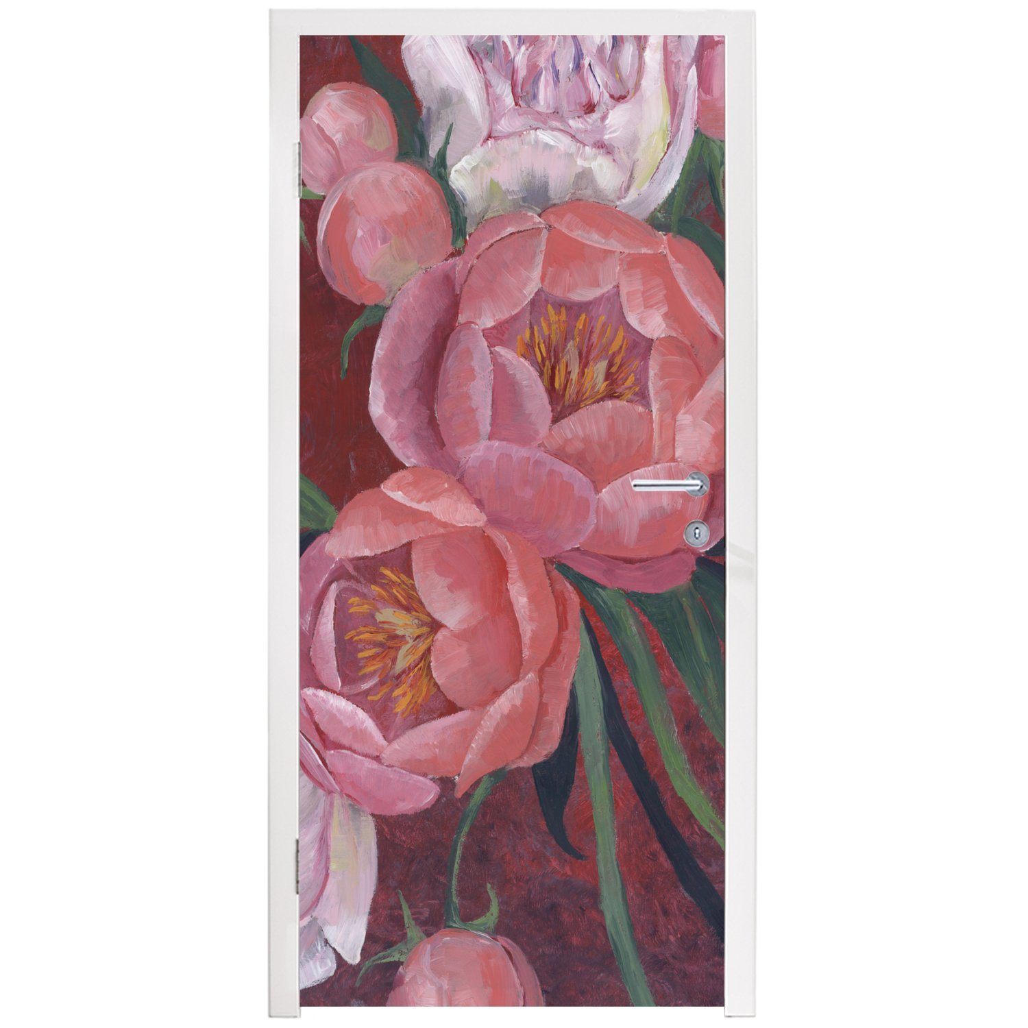 MuchoWow Türtapete Blumen - cm für Malerei Fototapete Pflanzen, Tür, (1 Türaufkleber, Matt, - Rosa 75x205 St), - bedruckt