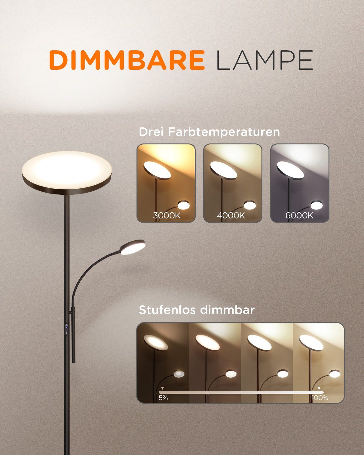 Dimmbar, Stufenlos Stehlampe Stehleuchte Leselampe, LED Tomons LED verstellbare integriert fest