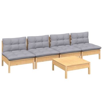 vidaXL Gartenlounge-Set 5-tlg. Garten-Lounge-Set mit Grauen Kissen Kiefernholz, (1-tlg)