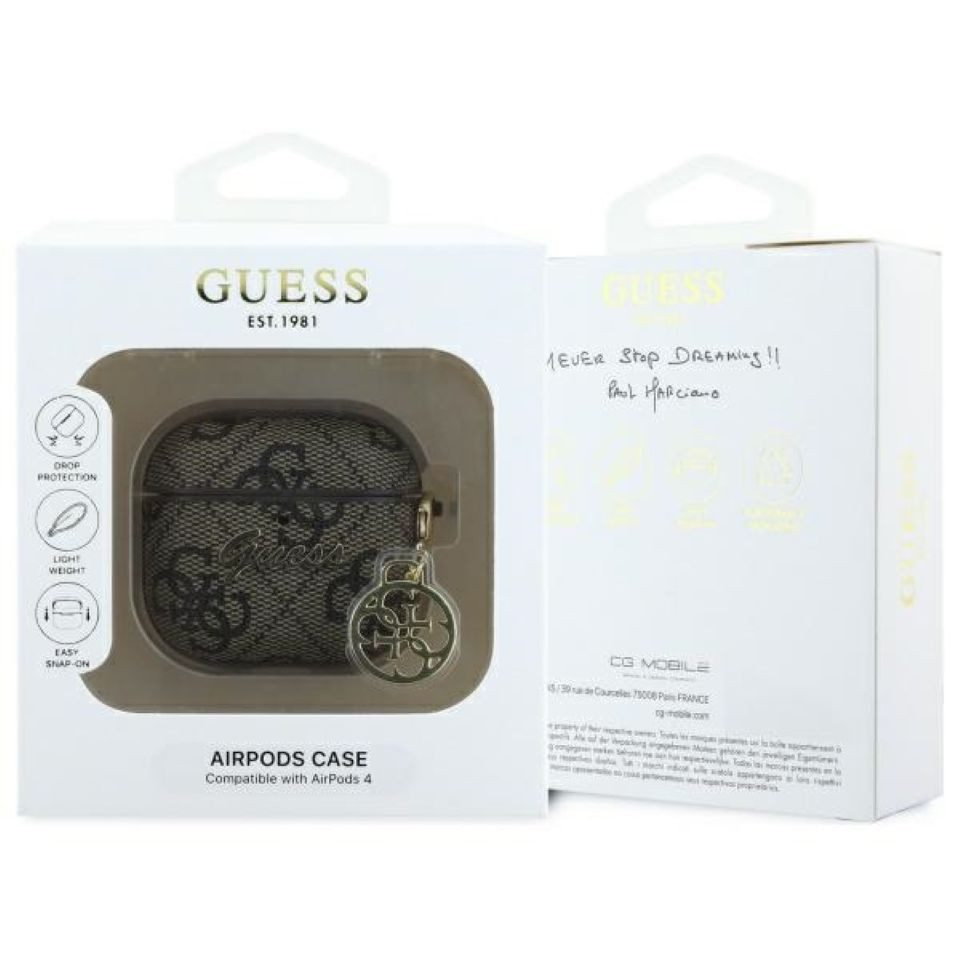 Guess Kopfhörer-Schutzhülle Case AirPods 4 Kunstleder braun Logo Metal Kette goldfarbig, Kantenschutz – Bild 4 von 4