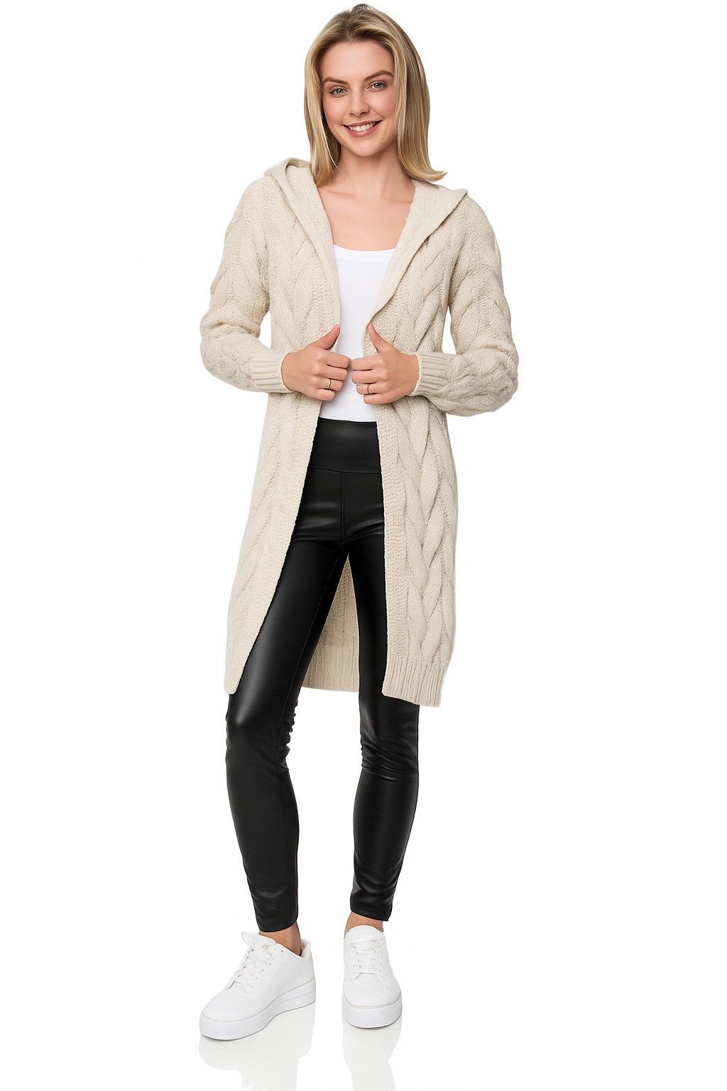 Worldclassca Kapuzenstrickjacke Worldclassca lange Strickjacke Zopfmuster Cardigan mit Kapuze Bolero Strickjacke mit Zopfmuster und Kapuze