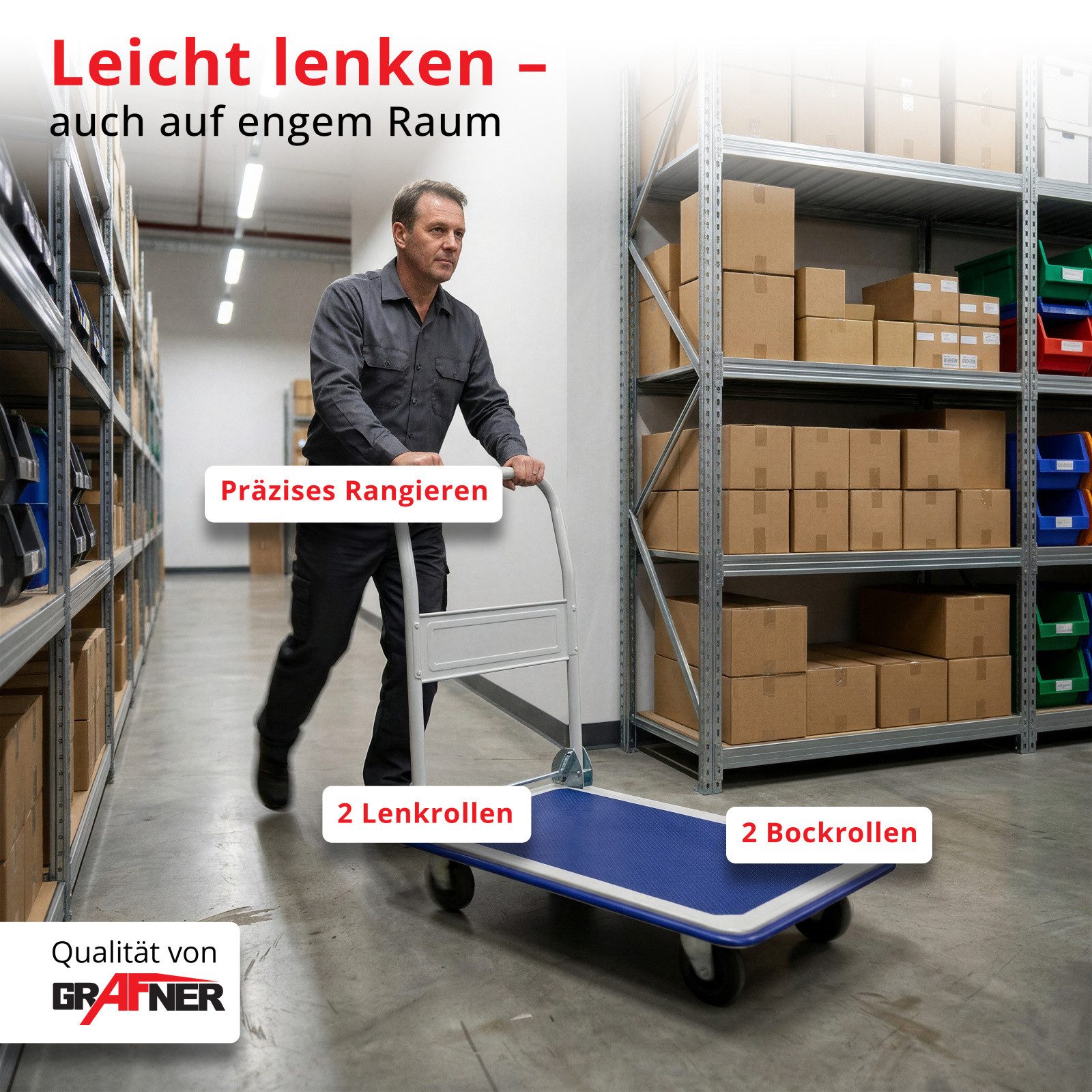Grafner Transportwagen Grafner® Plattformwagen klappbar Tragkraft 150kg Transportkarre, klappbarer Handgriff, je 2 Block- und Drehrollen – Bild 5 von 5