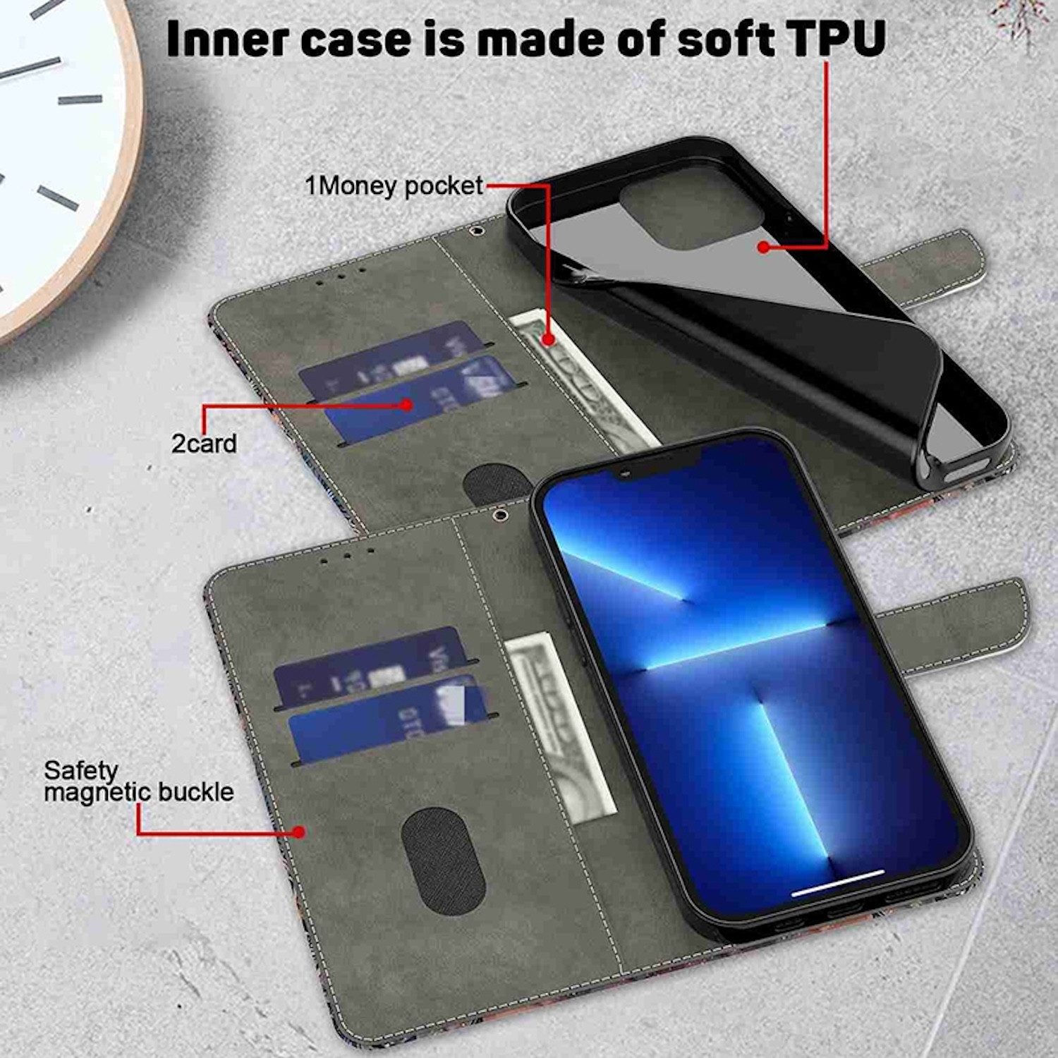 Wigento Handyhülle Für Xiaomi Redmi 13C Kunst-Leder Wallet Book Handy Tasche Motiv 17