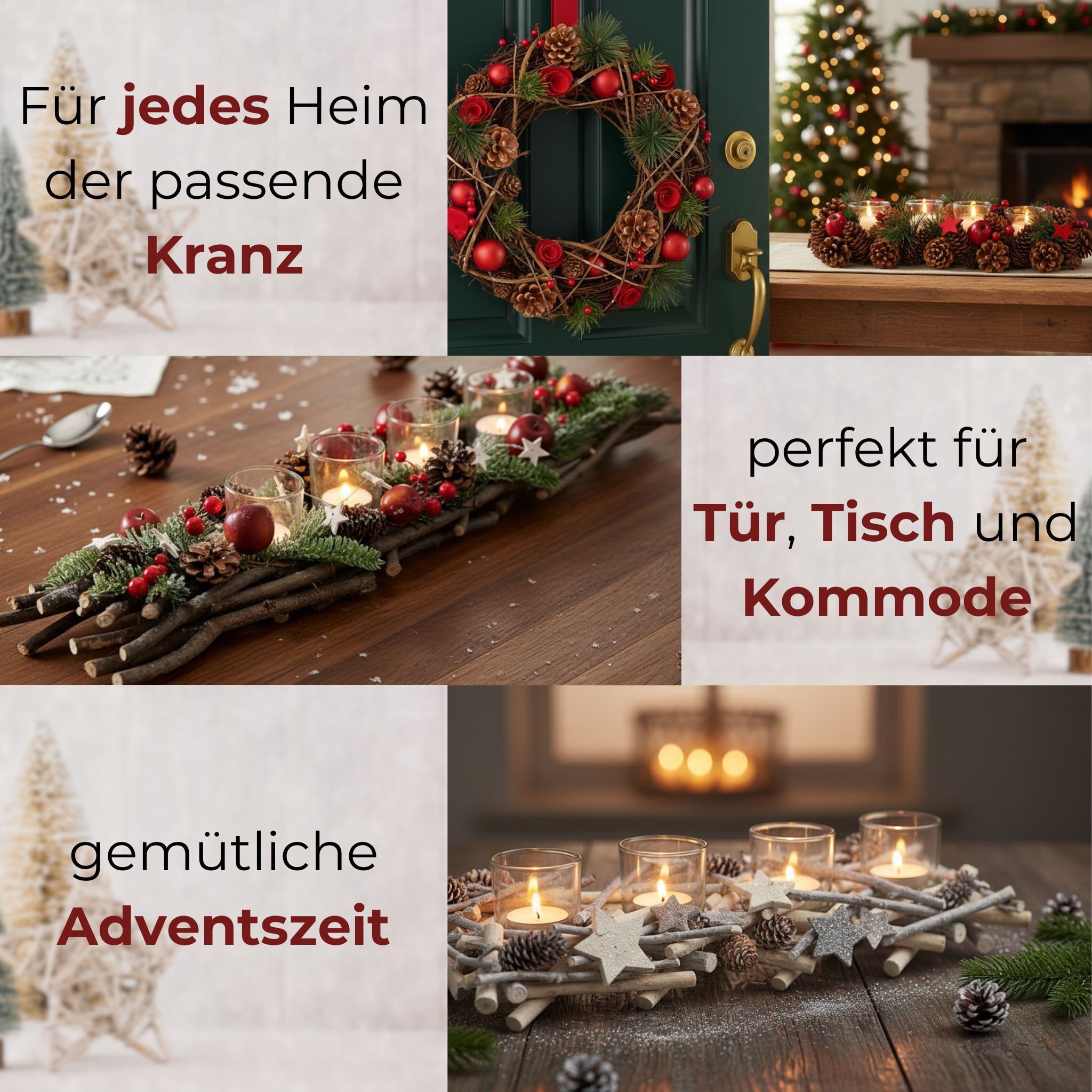 matches21 HOME & HOBBY Adventskranz Holz-Deko Adventskranz 30 cm Teelicht-Halter, rote Weihnachtsdeko, Adventsdeko Teelichthalter als Tischdeko Weihnachts-Kranz
