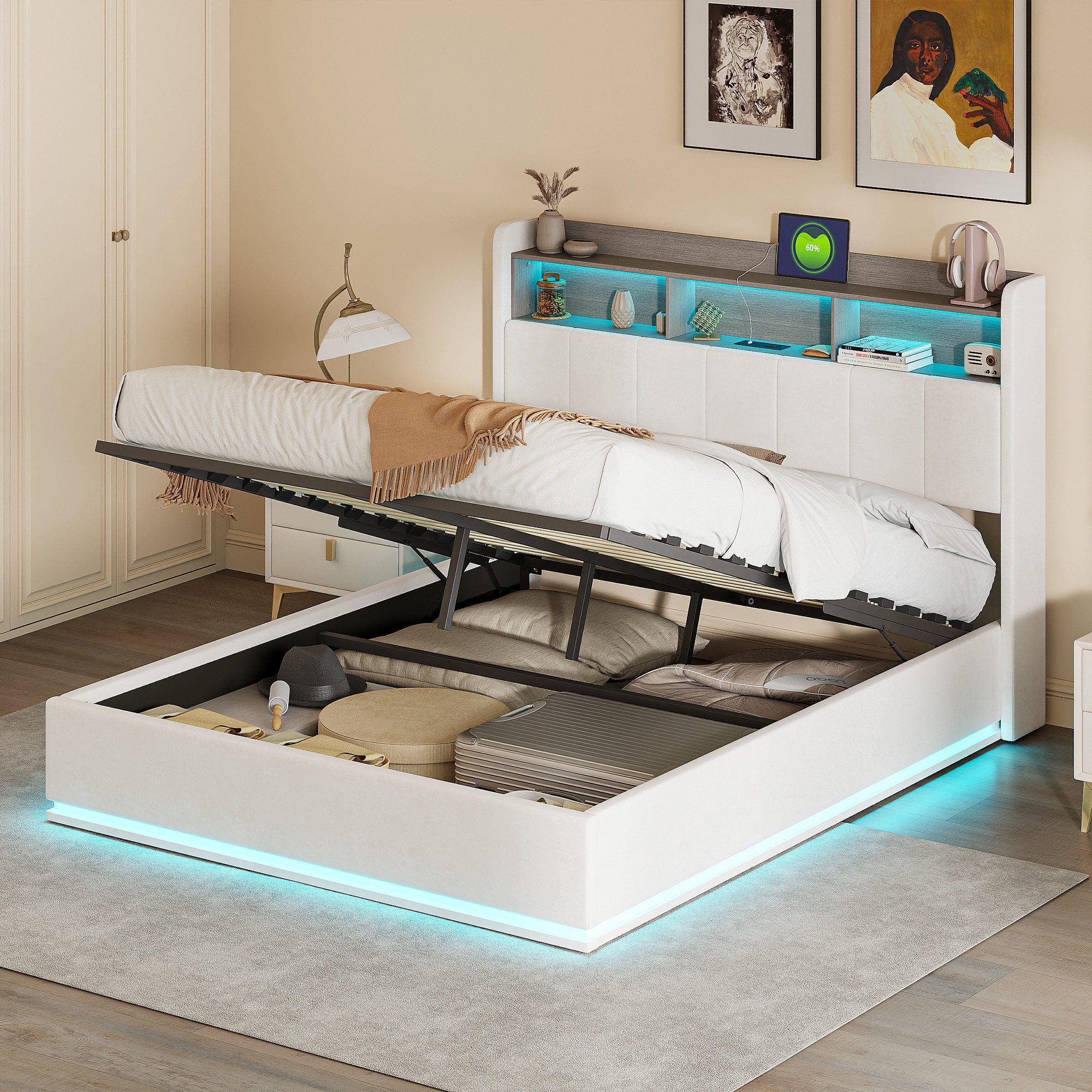 ADWOLT Polsterbett LED Hydraulisches Doppelbett mit USB-Laden und Steckdose (Set, 1-tlg., 140x200cm Stauraumbett), Samt,Beige