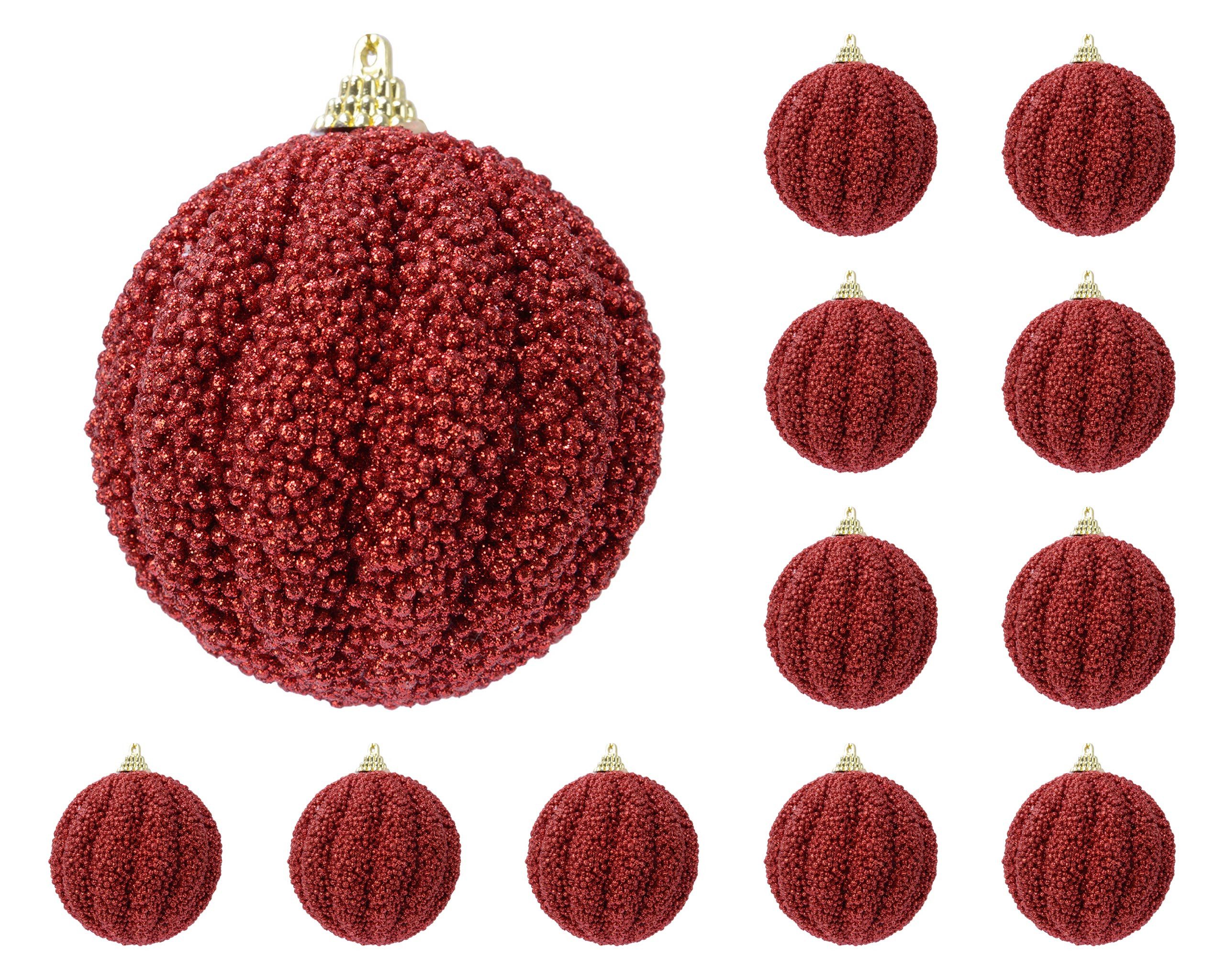 Kaemingk Weihnachtsbaumkugel, Weihnachtskugeln Kunststoff 8cm Glitzer geriffelt 12er Set Rot
